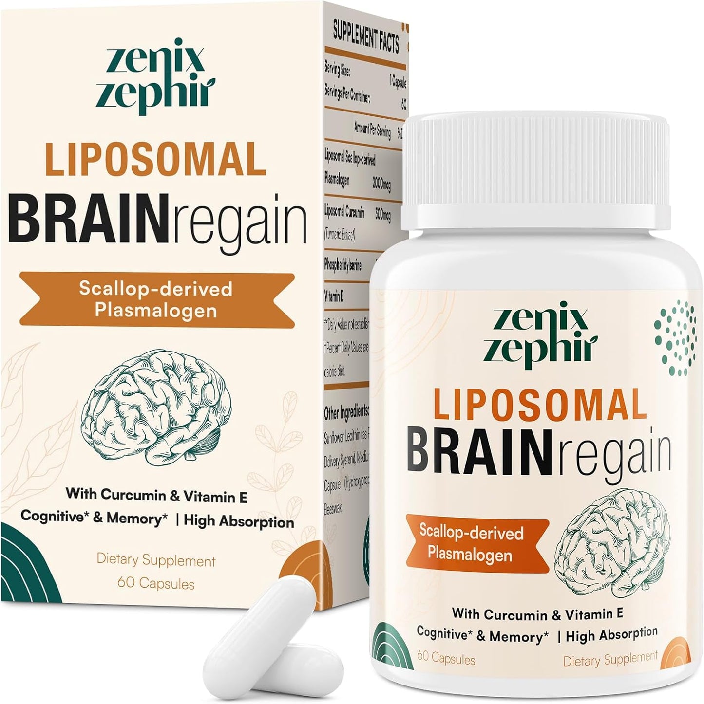 Liposomal Brain Supplements for Memory and Focus - Plasmalogen with Curcumin & Vitamin E for Better Absorption- Suitable for Seniors,Adult Men & Women Cognitive Health,High Potency 60 Servings