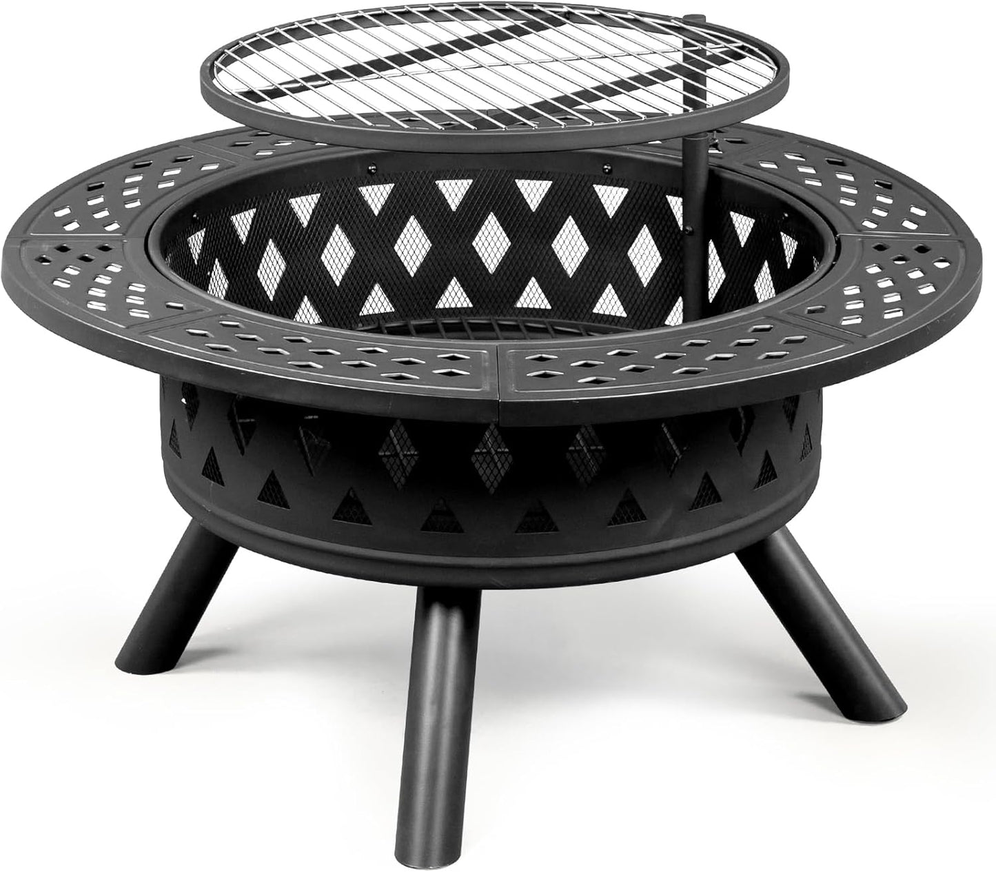 38-inch Black Metal Fire Pit with Adjustable Cooking Grates - Large Outdoor Wood-Burning Bonfire Pit for Patio, Backyard & Garden Gathering
