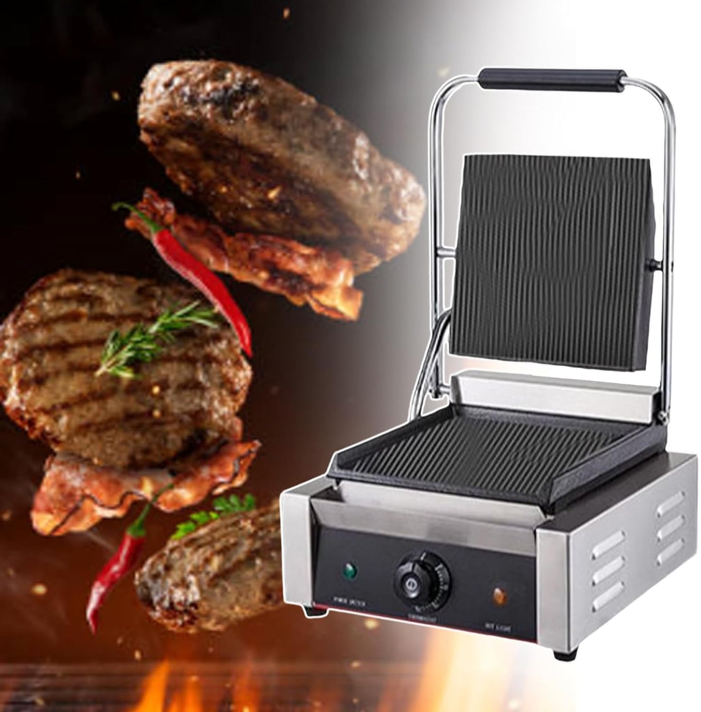 Automatic Temperature Control Lamb Chops Press Grill, Commercial Panini Grill, 9.4"X9" Heating Area, With Enamel Non-Stick Coating, Easy To Clean,110V
