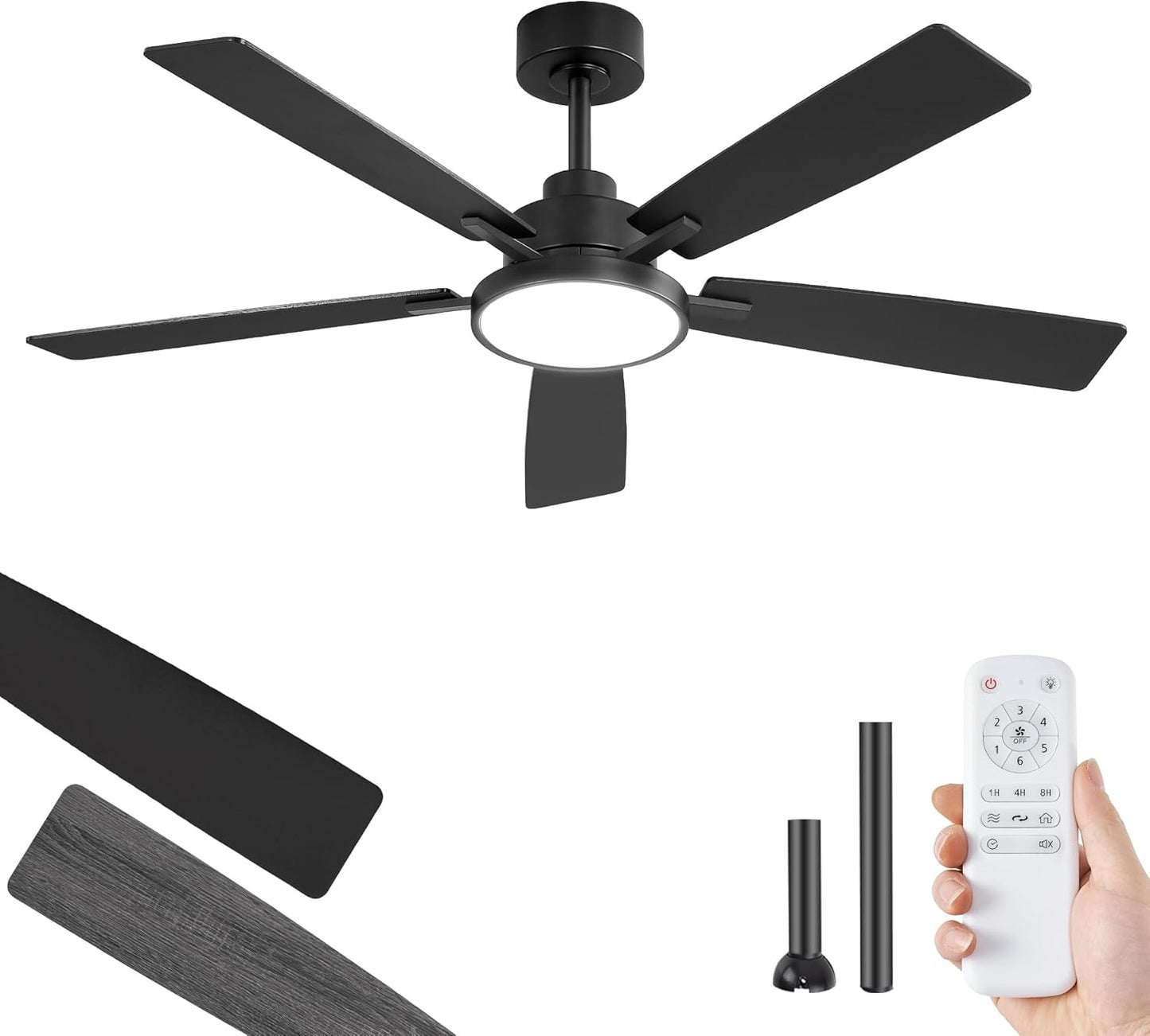 ZMISHIBO Ceiling Fans with Lights and Remote, 52 Inch Black Modern, with 24W 2400LM High Bright LED Light, Quiet Powerful DC Pure Copper Motor for Bedroom, Kitchen, Living Room