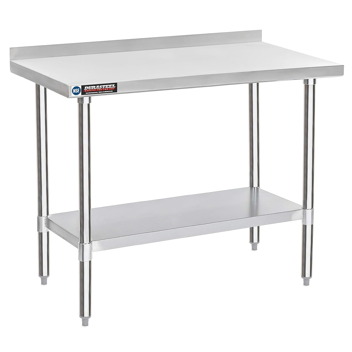 DuraSteel NSF Commercial Kitchen Table - 24 x 48 Inch Cooking Prep Stainless Steel Kitchen Island Workstation w\/ Adjustable Under Shelf - Heavy Metal Backsplash Workbench For Restaurant, Home, Garage