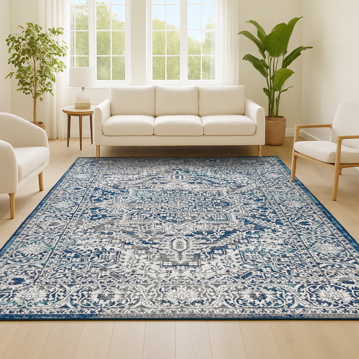 JONATHAN Y MODERN PERSIAN Vintage 10 x 13 (ft) Loomed Navy/Light Gray Rectangular Indoor Medallion Persian Pet Friendly Area rug