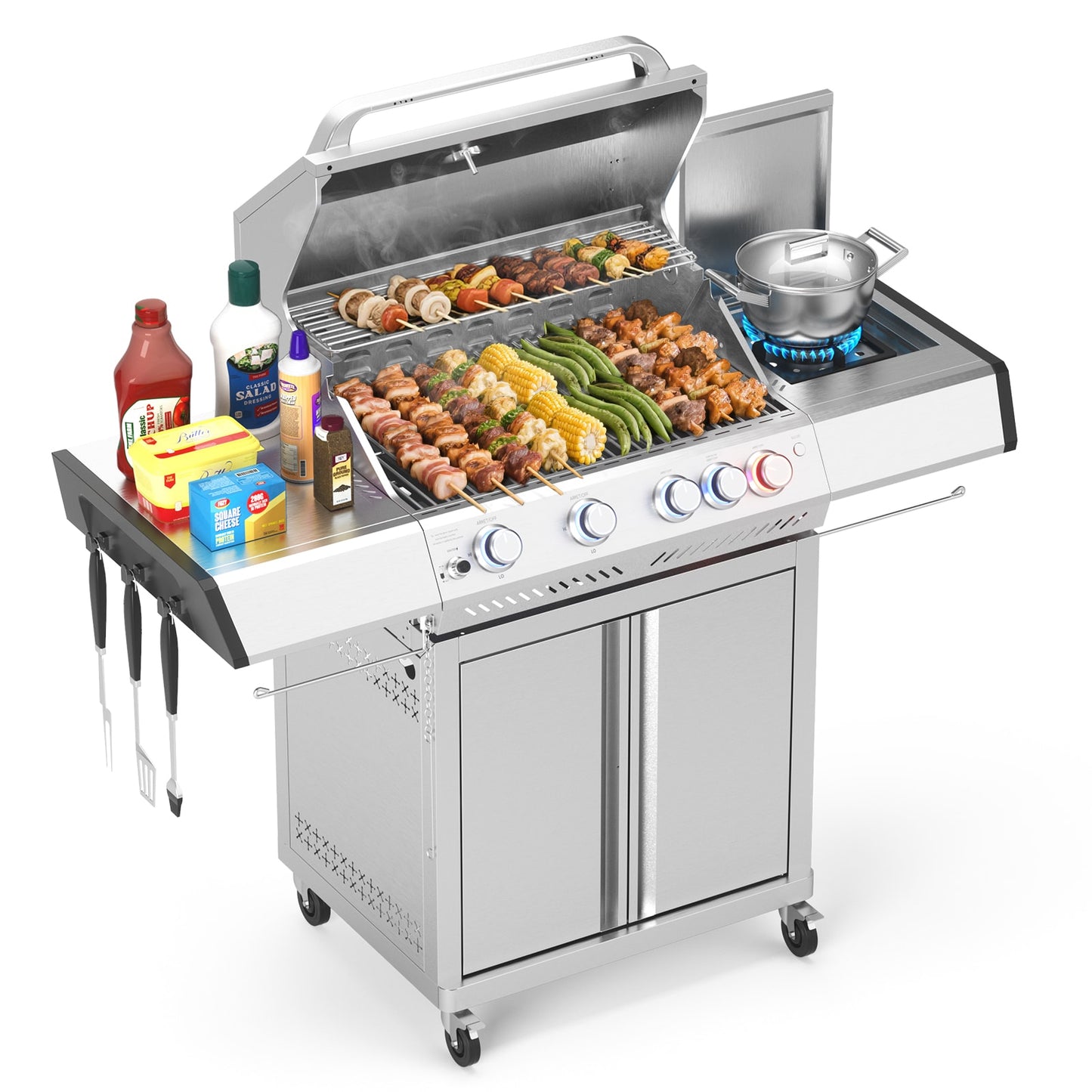 COWSAR Stainless steel with light 4 -Burner Liquid Propane Gas Grill 1 -Side Burner