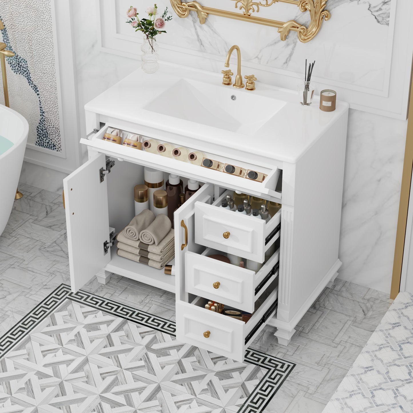 ModernLuxe 36inch Bathroom Vanity with Sink White Vanity Cabinet with FlipOut Drawer 3 Drawers 2 SoftClose Doors Solid Wood MDF Elegant Gold Hardware