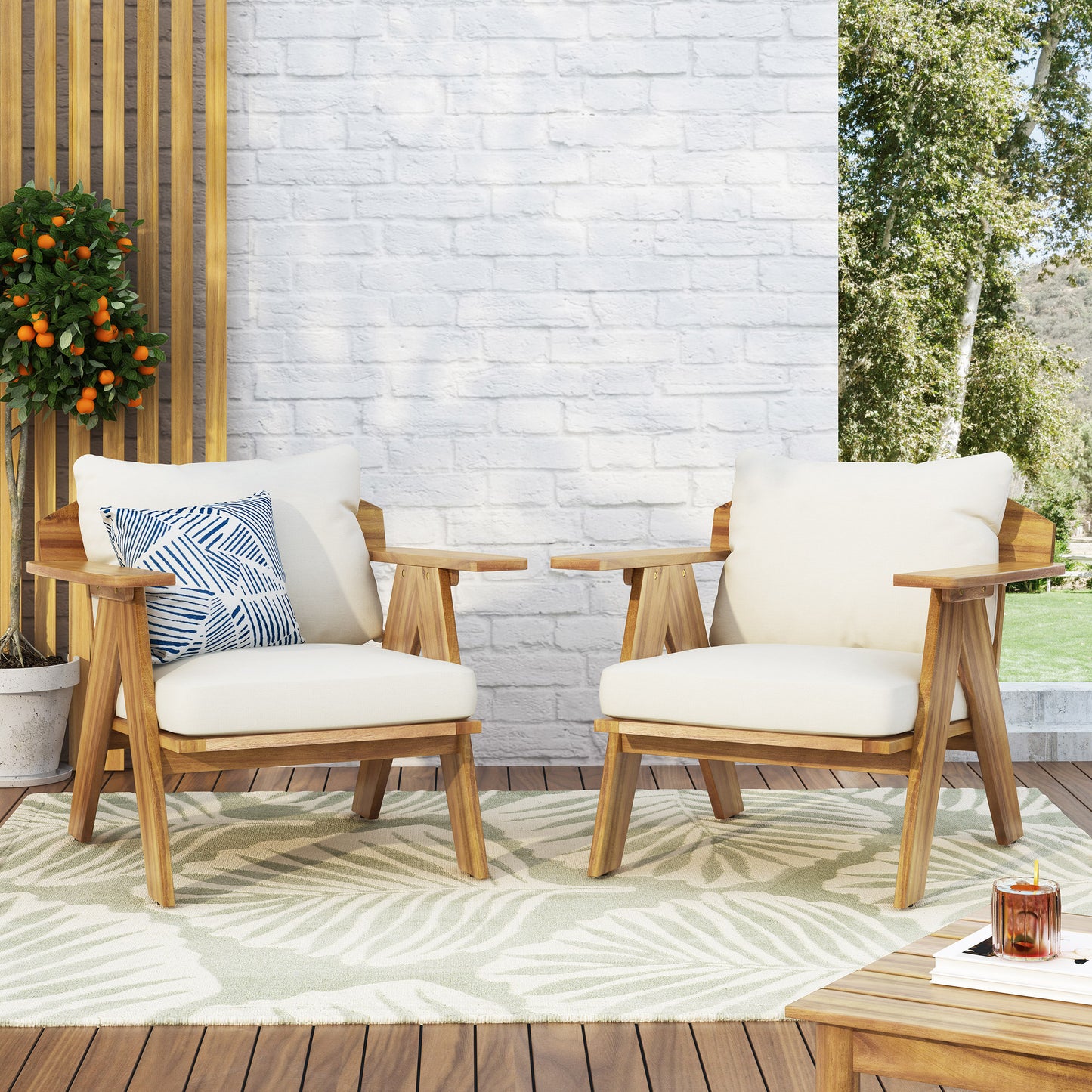 Christopher Knight Home Arcola Outdoor Acacia Wood Club Chairs with Cushions Set 2-Teak Finish, Beige
