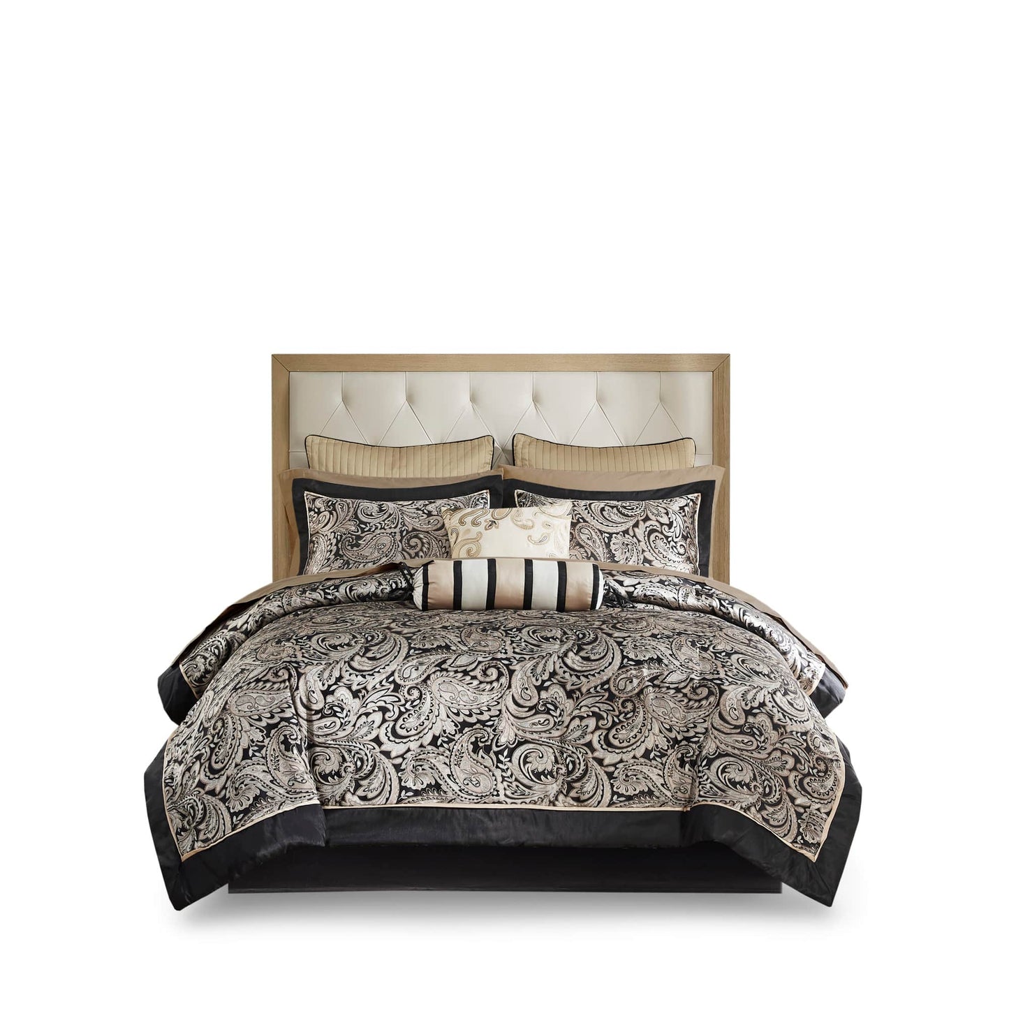 Vynxaria Black Gold Paisley King Bedding Sets 12 Piece Comforter Ensemble
