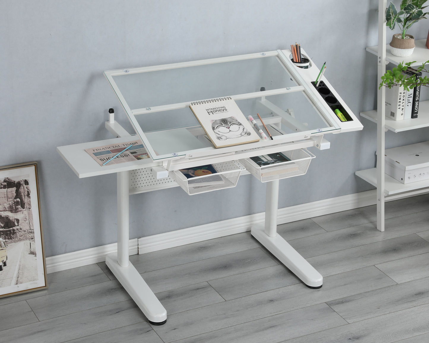 LOVMOR hand crank adjustable drafting table drawing desk with 2 metal drawers WITH STOOL