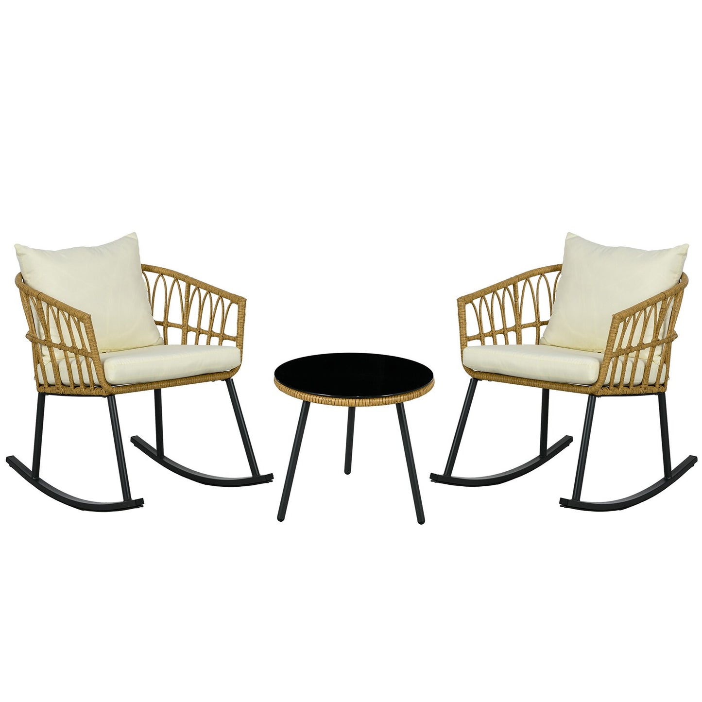 GZMR 3 Piece Bistro Set with Cushions 3 -Piece Brown Rattan Bistro Patio Dining Set Steel Round Table with 2 Off-white Cushions Rocker Chairs