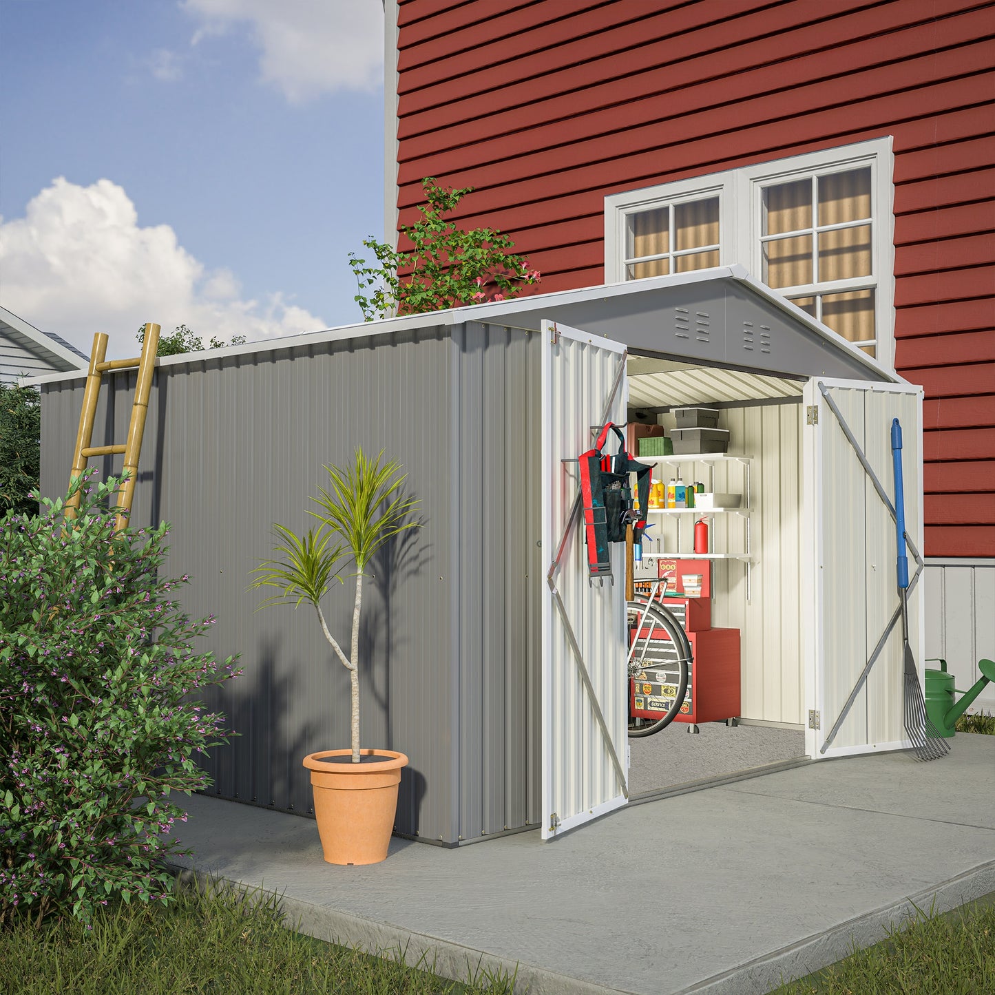 LOVMOR 10x8 All Weather Galvanized Steel Storage Shed Bike Lawn Tool Garbage Pet House