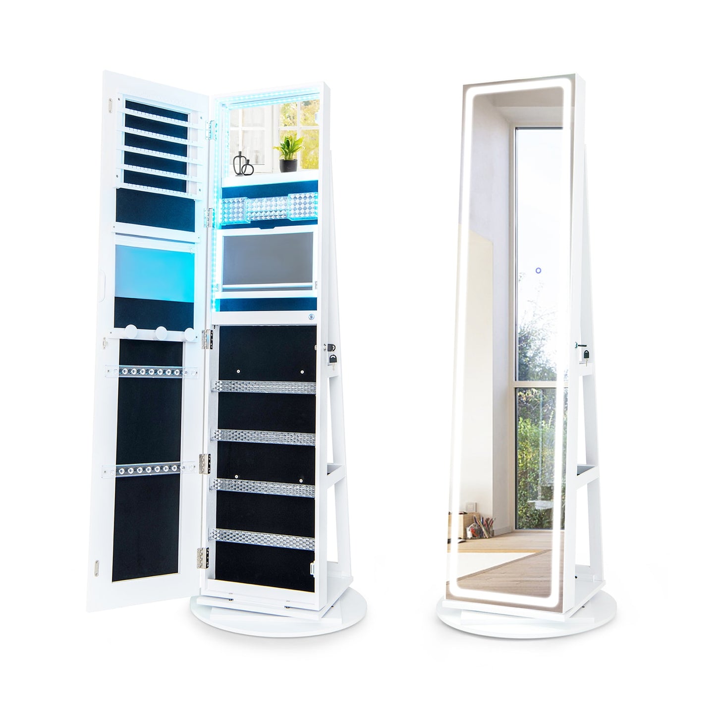 Slickblue Coffee/ White 4-in-1 Standing Jewelry Cabinet with 360° Rotating Base LED Mirrors and Shelves – 21.5L x 21.5W x 63H – Bedroom Dorm or Dressing Area