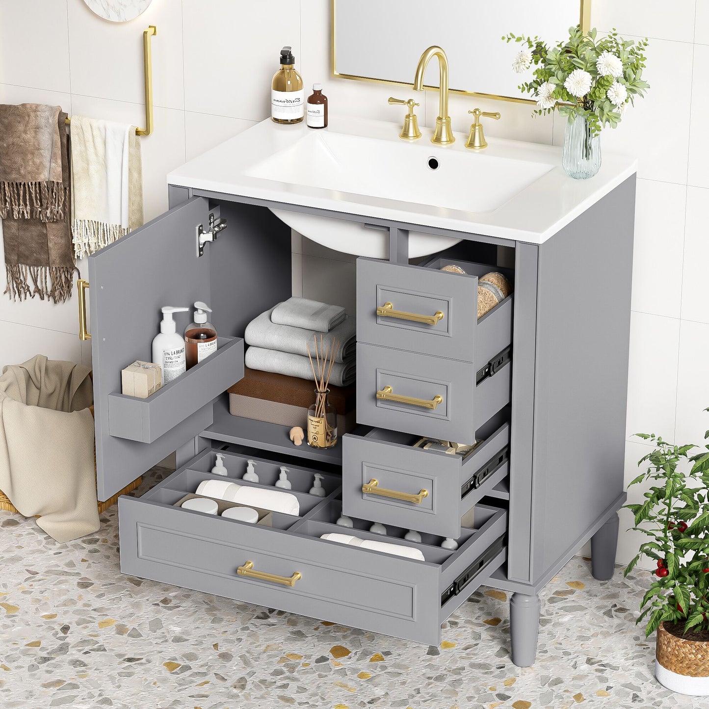ModernLuxe 30inch Bathroom Vanity with Ceramic Sink SoftClose Door with Builtin Shelf Deep Drawer Standard Drawer Long Divider Drawer Ample Storage Cabinet for Bathroom Modern Functional Design