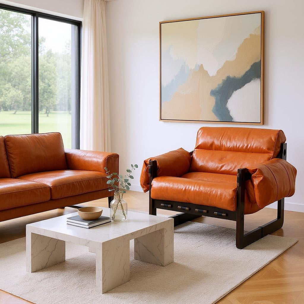 Homy Casa Cognac Brown Contemporary Oil Waxed Leather Accent Chair Removable Armrests Rubberwood Frame 27.5in W