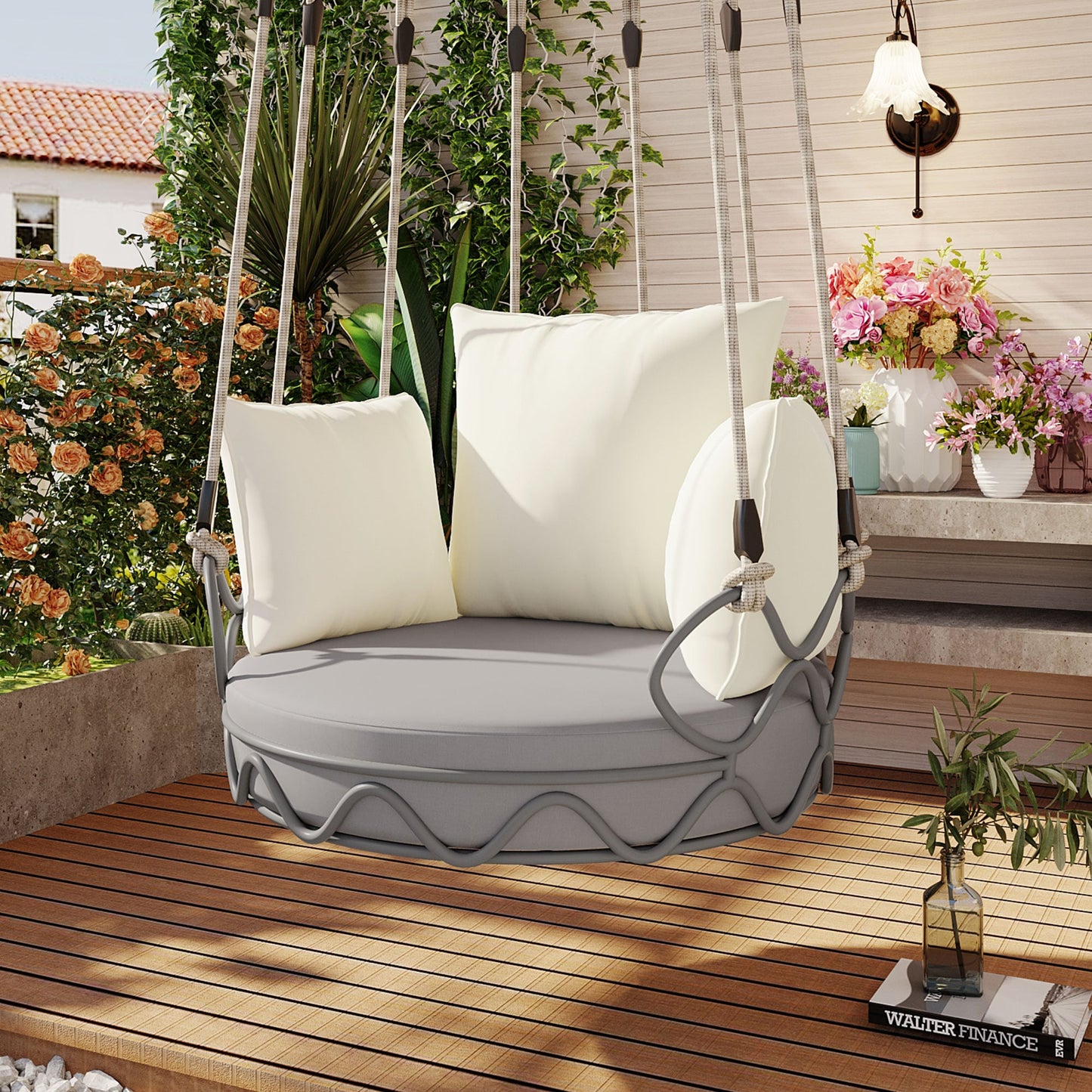 LOVMOR Outdoor Porch Swing Chair Hanging Baske Hanging Chair with Resistant Cushion Fabric for Patio Beige