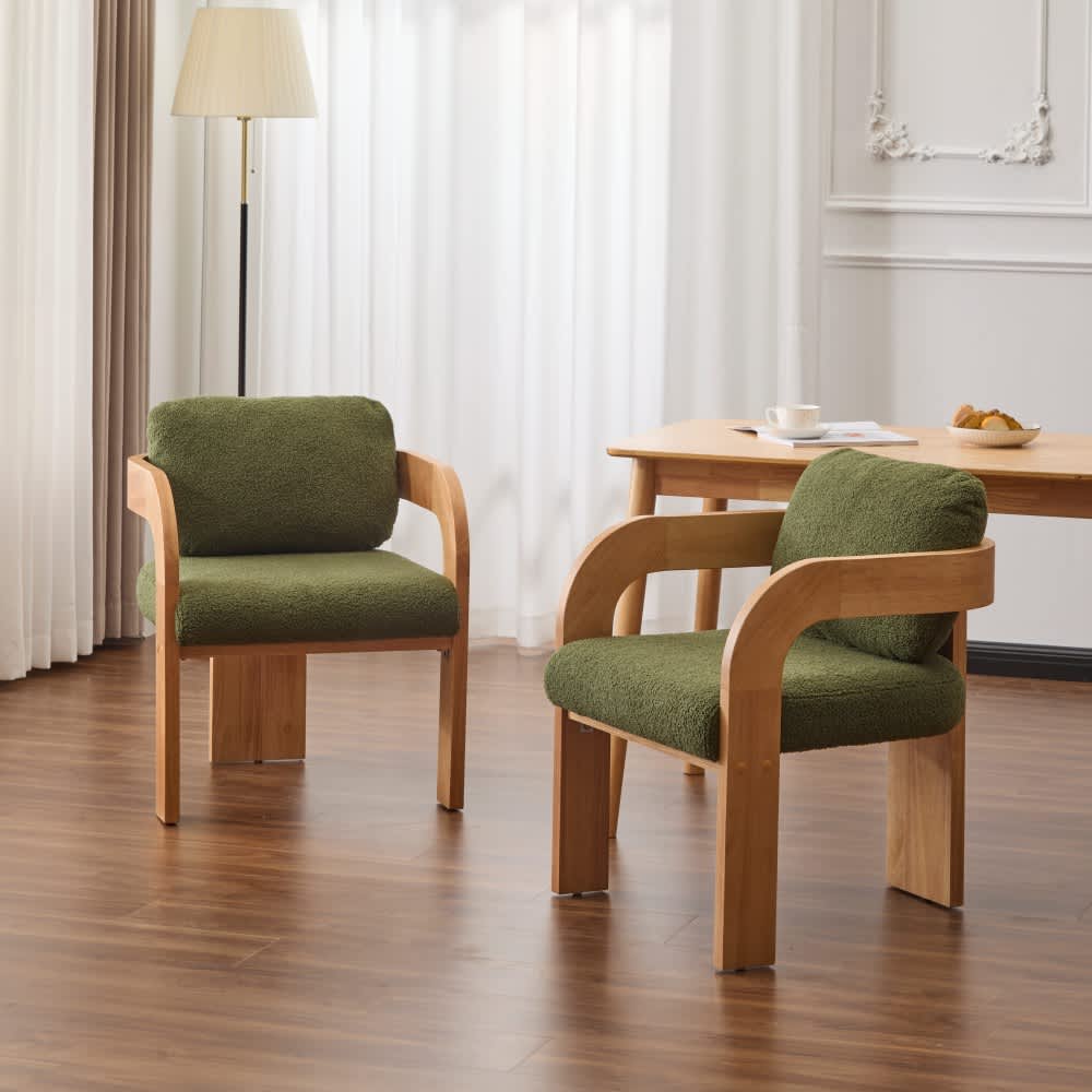 Coolbibila Set of 2 Modern Green Boucle Upholstered Dining Chairs with Natural Solid Wood Frame for Dining Room