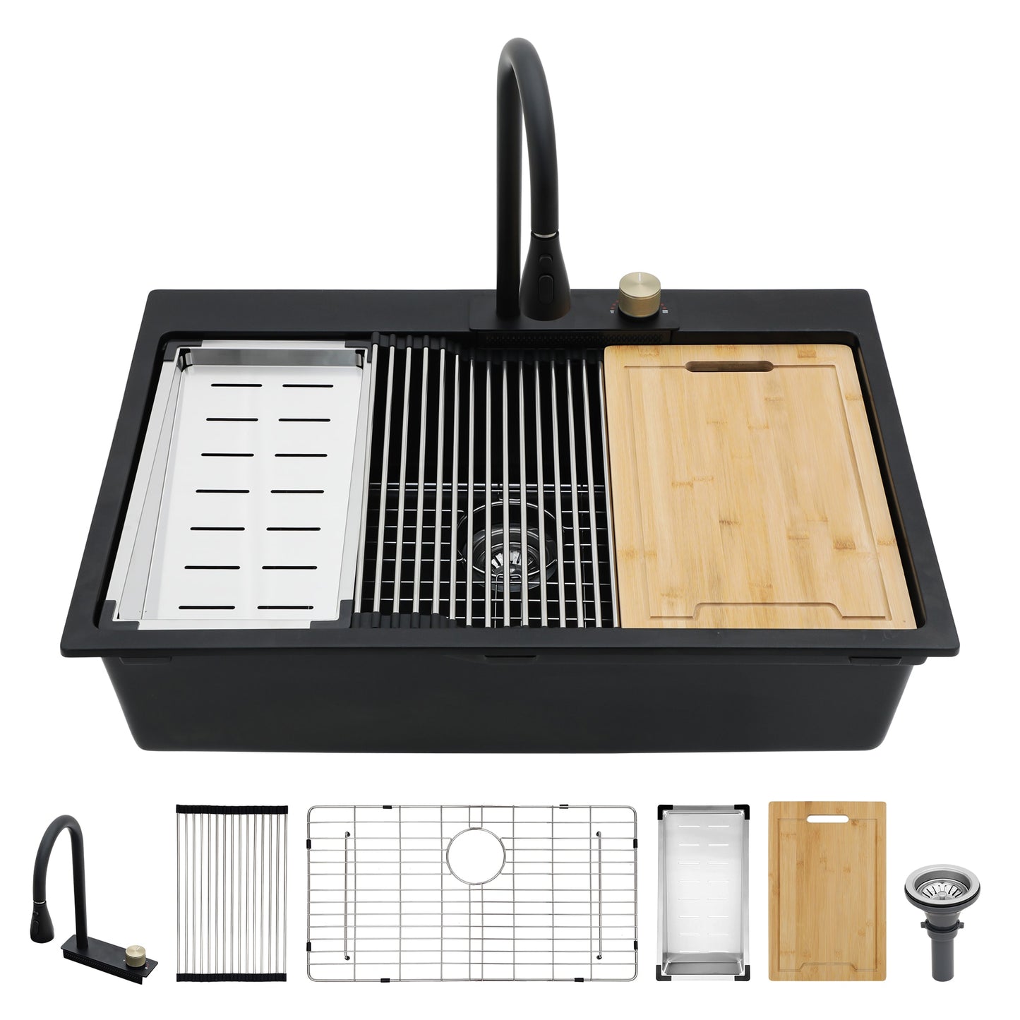 LIVIZA Granite Composite Kitchen Sink with Pull-Out Faucet Drop-in 33-in x 22-in Quartz Single bowl Workstation Kitchen Sink All-in-One Kit with Drainboard