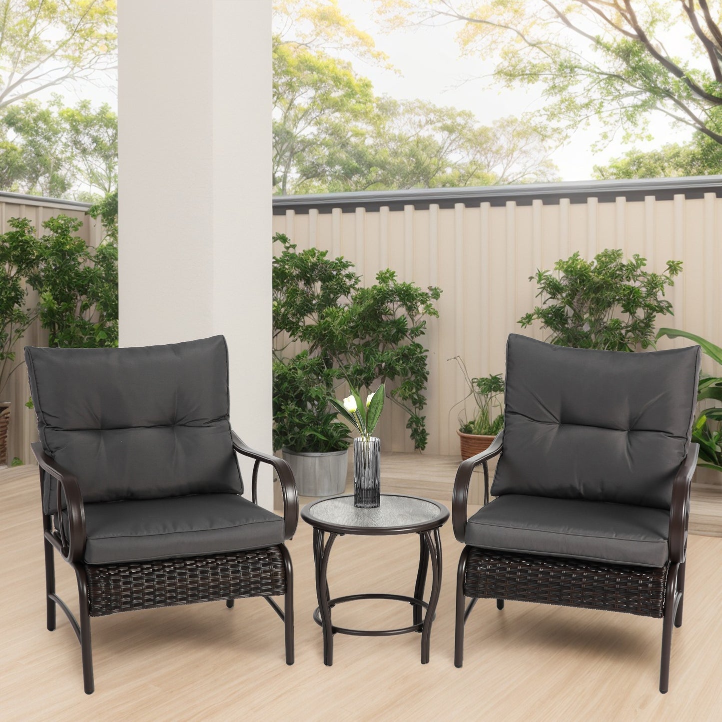 Dexmalle 3 Pieces Patio Set Outdoor Wicker Furniture Sets-Grey