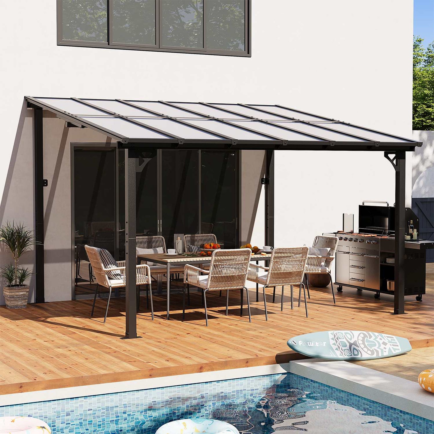 Sunmthink 12x10FT Lean to Hardtop Metal Pergola with Polycarbonate Roof Wall Mounted Heavy Duty Awnings Patio Canopy Designed for Backyard Deck and Porch