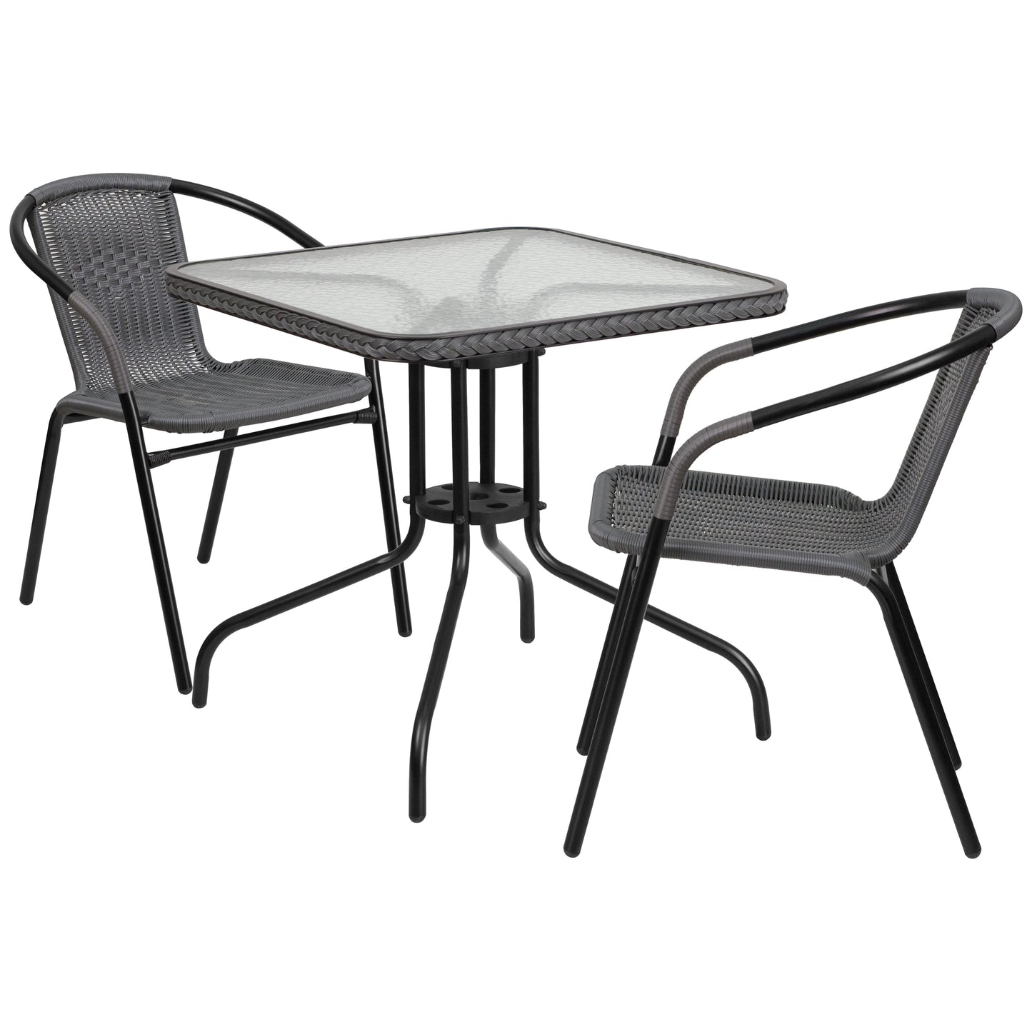 Flash Furniture Lila 28-in Square Glass Metal Table with Gray Rattan Edging and 2 Gray Rattan Stack Chairs