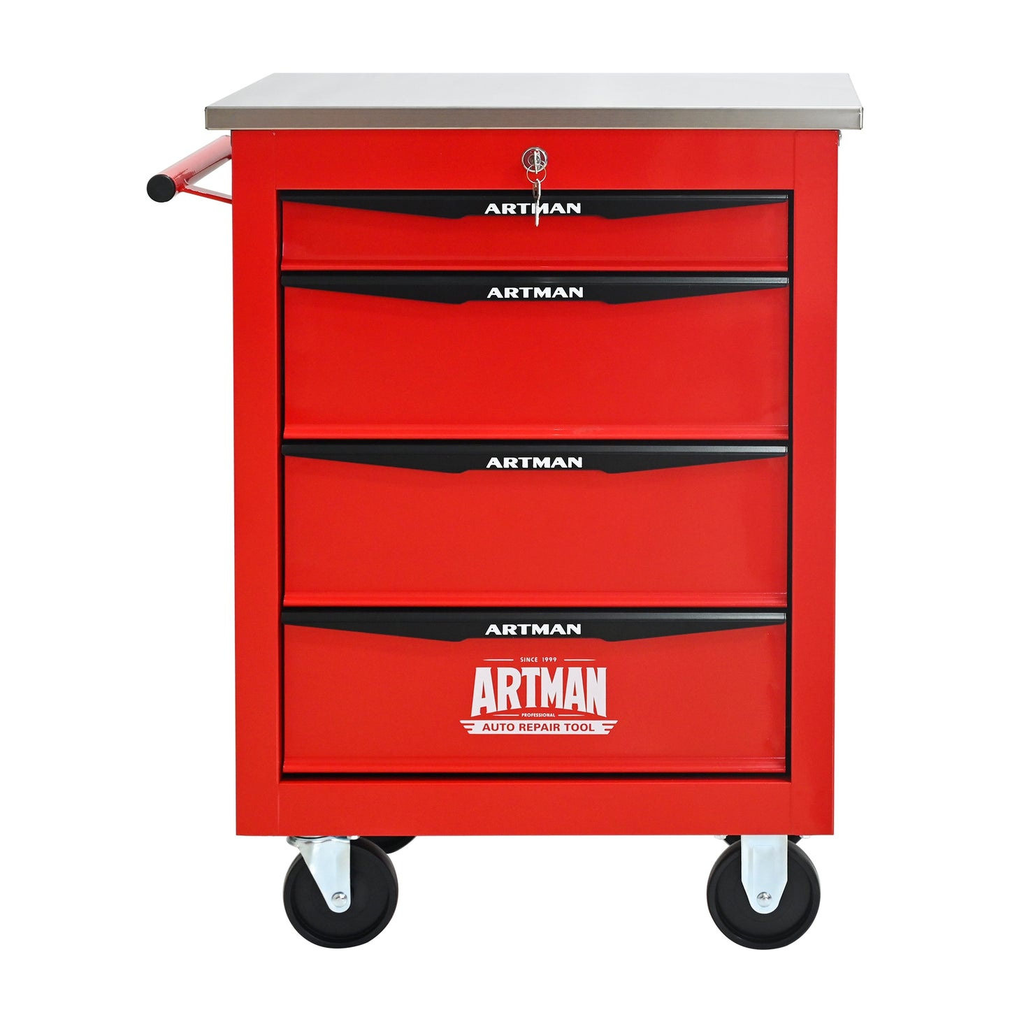 Tatayosi 4 Drawers Multifunctional Tool Cart with Wheels Metal Rolling Tool Cart Storage for Garage Workshop Warehouse Repair Shop With Stainless Steel Roof Red and Black