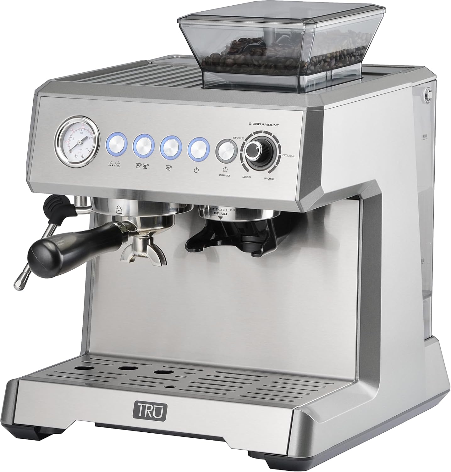Tru All-in-One Espresso Maker with Grinder and Steam Wand by Select Brands - Premium Espresso Machine with Coffee Grinder - Features Steam Controls, Removable Water Tank & Cup Warming Plate