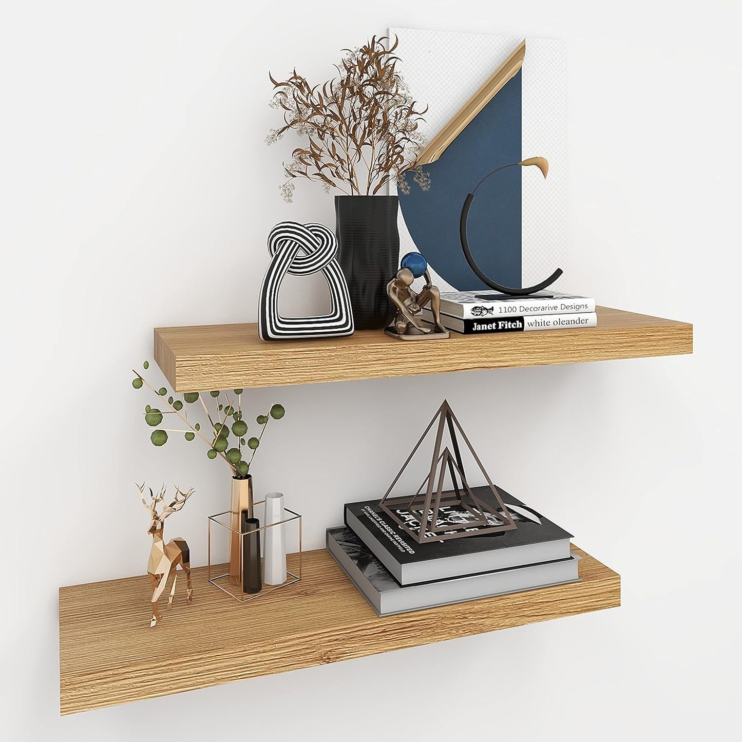 INHABIT UNION Oak Floating Shelves for Wall,24in Wall Mounted Display Ledge Shelves Perfect for Bedroom, Bathroom, Living Room and Kitchen Decoration Storage (Oak, Set of 2)