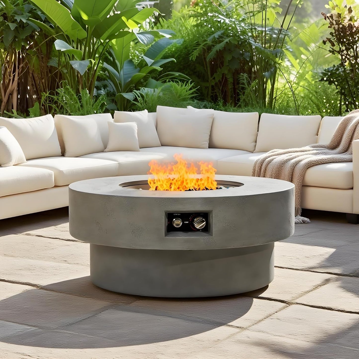 34-inch Round Propane fire Pit Table, 50,000BTU Outdoor firepit Table for Outside Patio w/Round Burner Lid, Glass Rocks, Cover