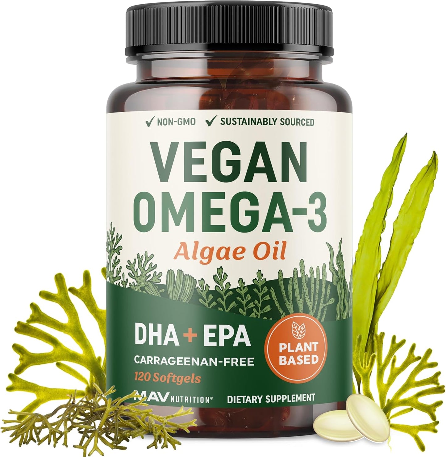 Vegan Omega 3 Algae Oil | Plant Based DHA EPA | Sustainably Sourced, No Carrageenan, Non GMO | Heart, Brain, and Eye Health | Fish Oil Alternative | Algae Omega 3 Supplement | 120 Softgel Capsules