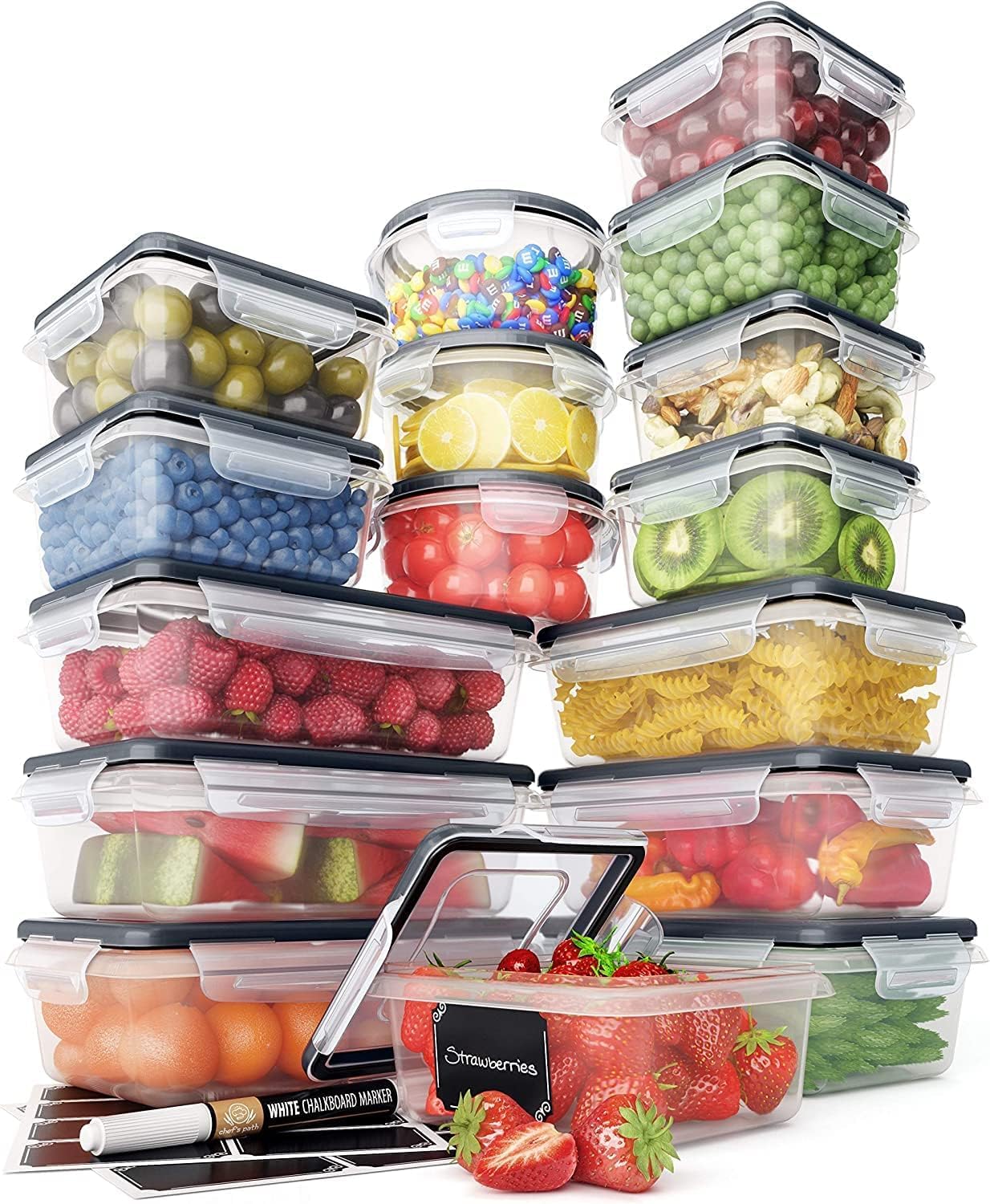Chef's Path 32 Piece Airtight Food Storage Containers with Easy Snap Lids, 16 Containers and Lids, Stackable Kitchen and Pantry Canisters for Meal Prep and Food Storage - Transparent