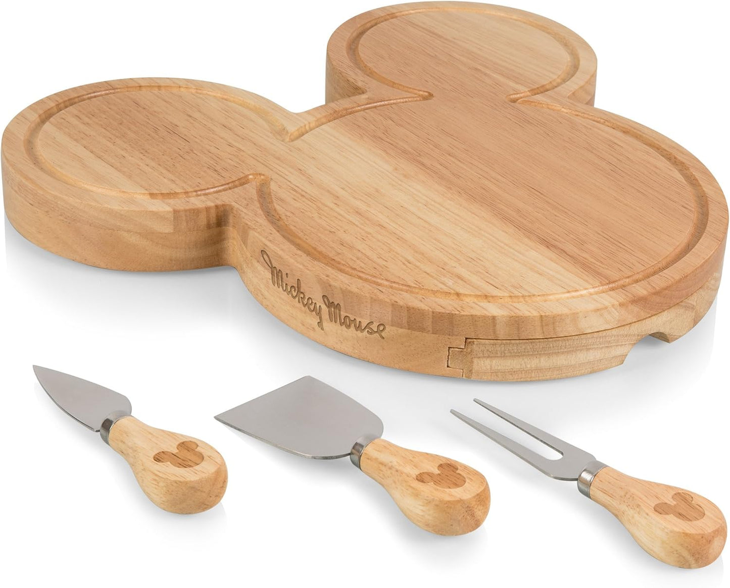PICNIC TIME Disney Mickey Mouse Head Shaped Cheese Board and Knife Set, Charcuterie Board Set, Wood Cutting Board with Cheese Knives, (Parawood)