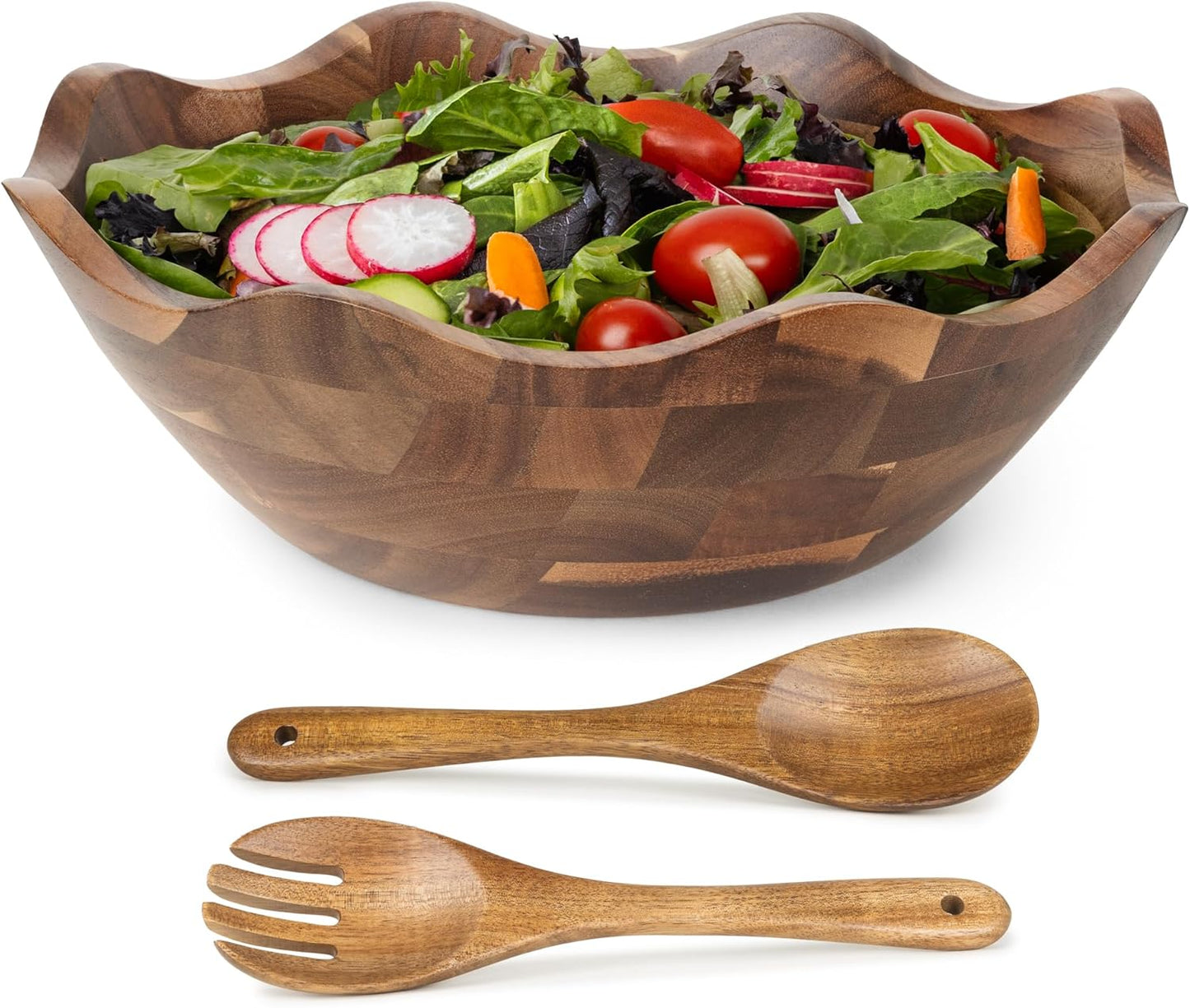 Wood Salad Bowl with Serving Utensils - Large Scalloped Decorative 12" Acacia Wooden Mixing Bowls Set with Spoons - Handcrafted Farmhouse Kitchen Serveware for Fruit, Pasta, Snacks and Home Decor