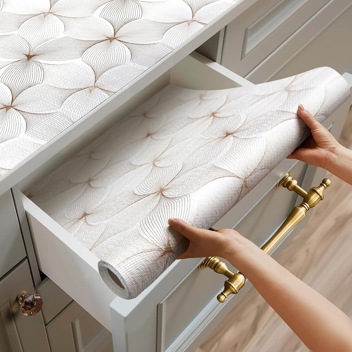 Quttisay Shelf Liner for Kitchen Cabinets,Non Adhesive Cabinet Liner,Non-Slip Drawer Liner,Waterproof Shelf Liner Easy to Clean Strong Grip Liner for Cabinets,Drawers,Cupboard๏ผ(Flower 17.3inx16.4FT)