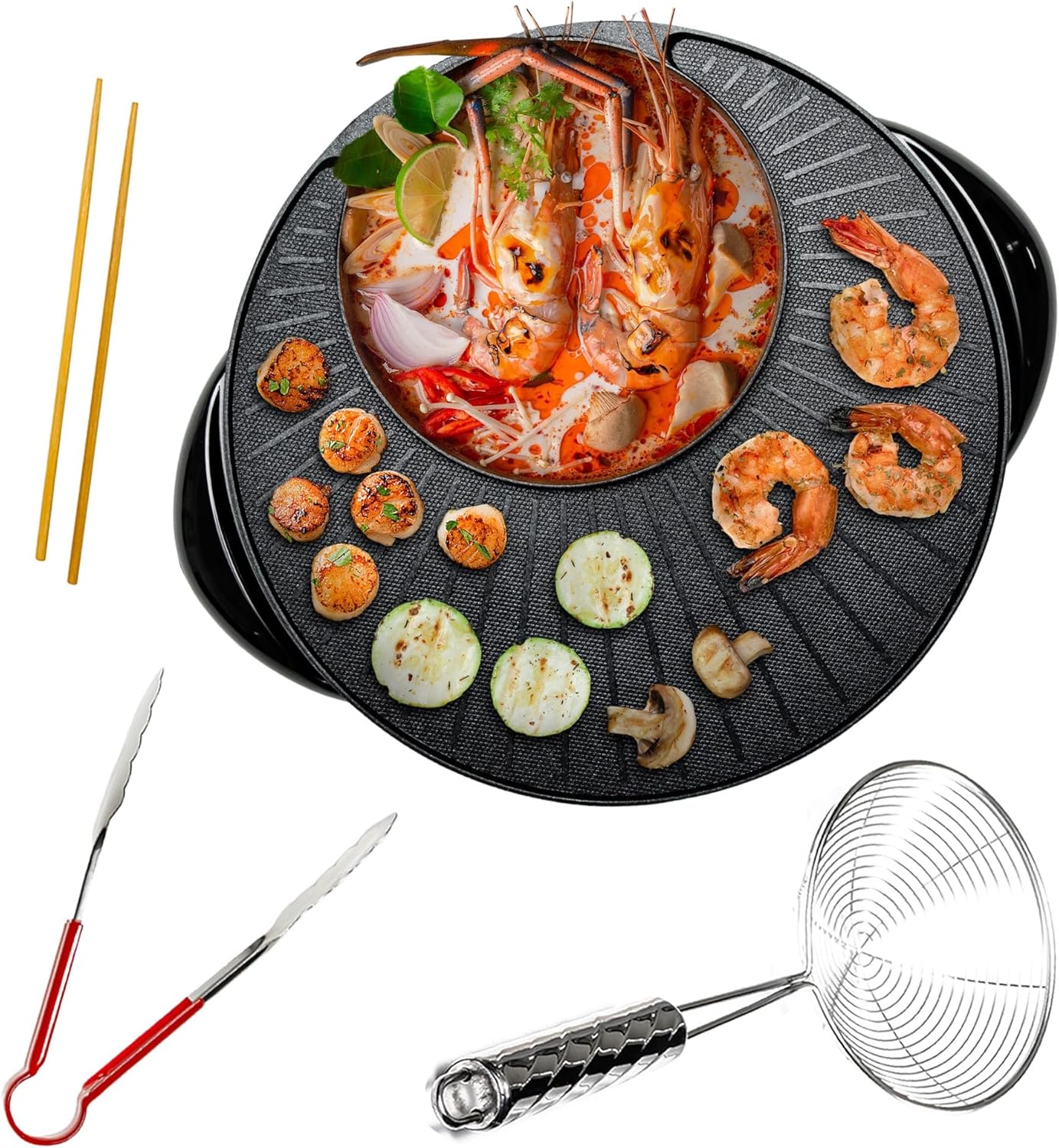 OVENTE Electric Hot Pot and Grill Combo, 2-in-1 Portable Countertop Cooker with Temperature Control Perfect for Korean BBQ, Shabu Shabu and Soup with Free Strainer, Chopsticks and Tong, Black GH10133B