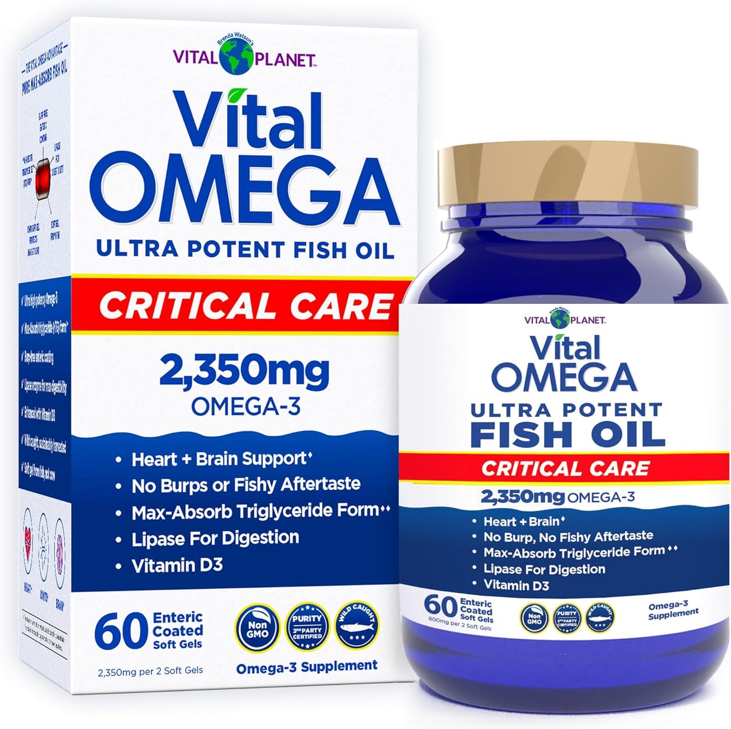 Vital Planet - Vital Omega 3 Fish Oil Critical Care Supplement with 2350mg of High Potency Wild Caught Omega 3 Fatty Acid Supplements EPA DHA and DPA for Heart Health 60 Softgels (Packaging May Vary)