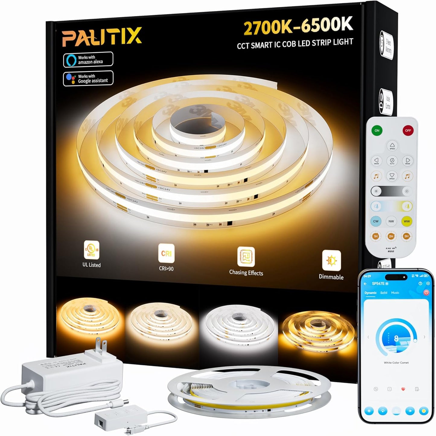 PAUTIX COB LED Strip Lights Addressable 2700K-6500K Chasing White Light CCT Smart IC Tunable Tape Lights 16.4ft Super Bright Dimmable,Alexa Voice Control,for Under Cabinet Bedroom Kitchen DIY Lighting