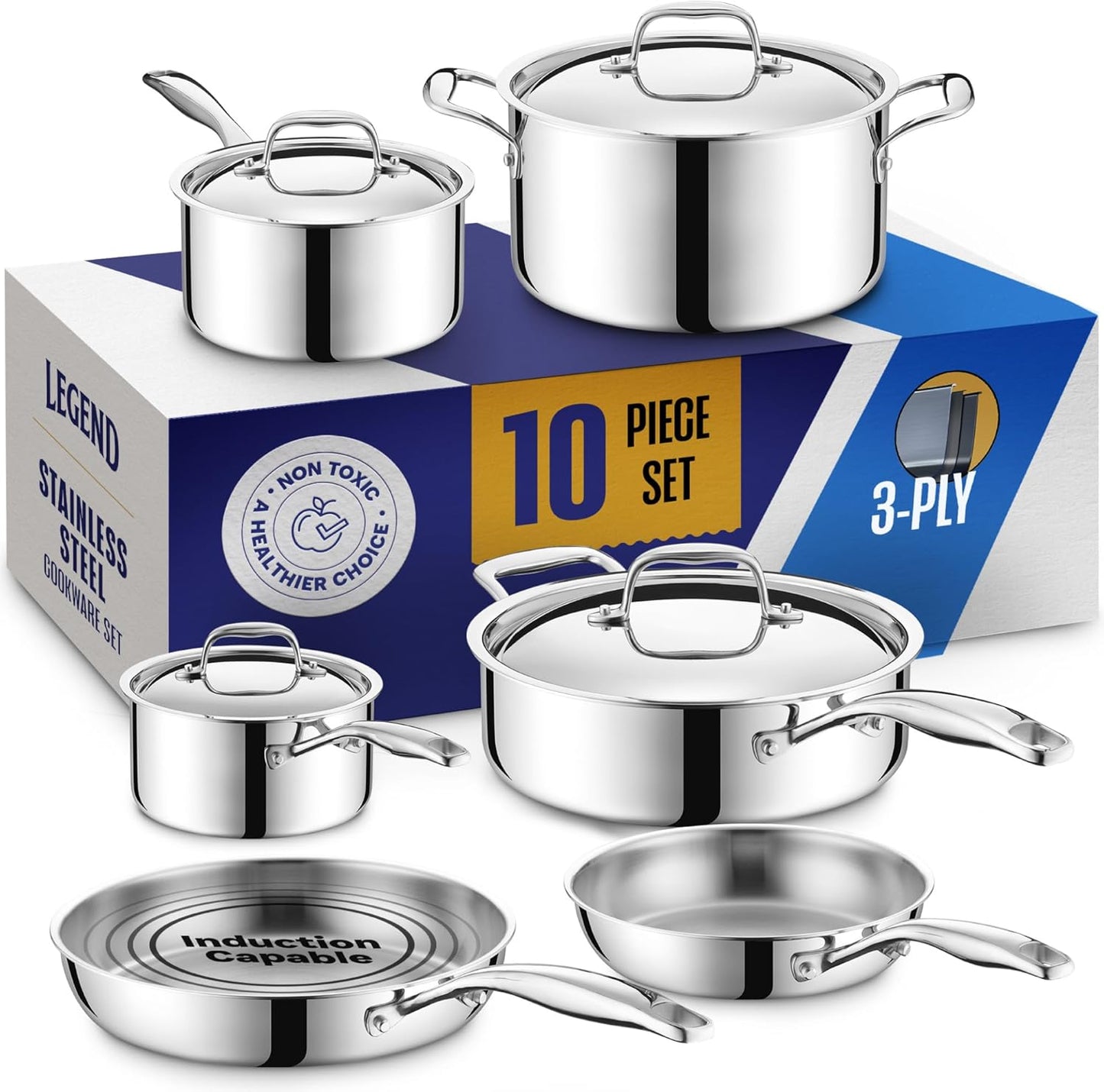 LEGEND COOKWARE 3 Ply Stainless Steel Pots and Pans Set | 10-Piece, Induction, Non-Toxic, Oven Safe | Best 18\/8 Full Clad | Premium Kitchen Cooking, Professional Chef Quality | PFOA, PTFE & PFOS Free