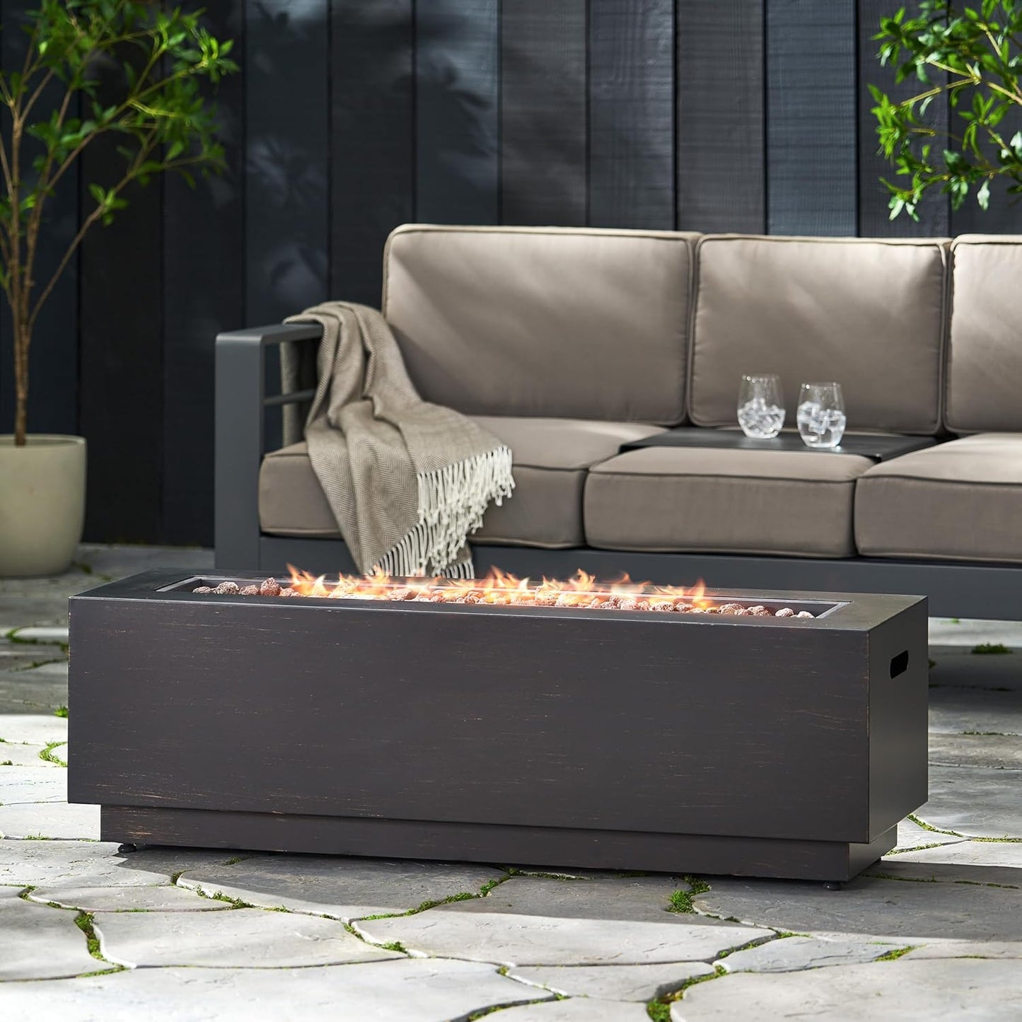 40 Inches Outdoor Propane Fire Pit, 50,000 Btu Dark Grey Rectangular Fire Pit with Brown + Gold Accents, Backyard, Patio, Deck (Tank Cover Not Included)