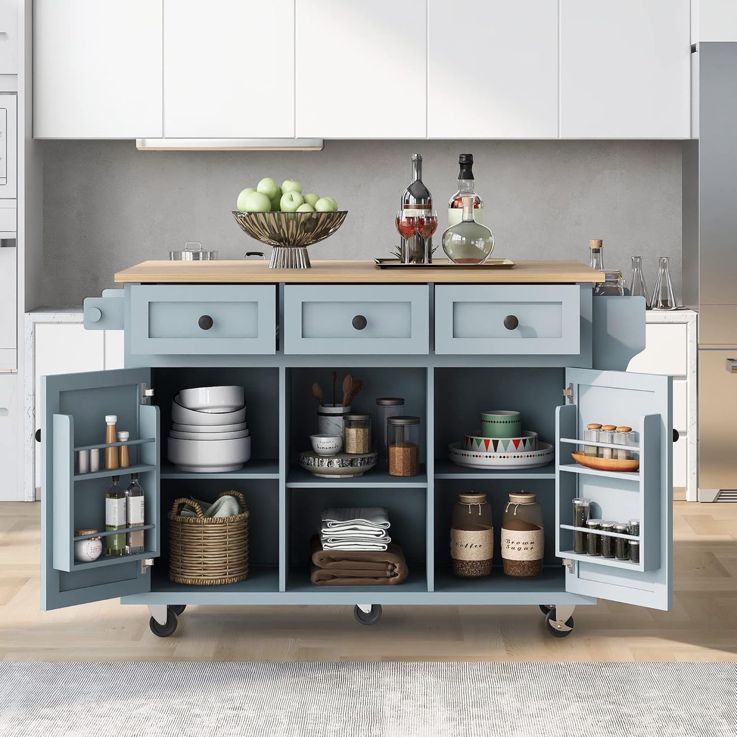 YHAOWORKS Kitchen Cart with Rubber Wood Drop, Leaf Countertop, Kitchen Island on 5 Wheels with Storage Cabinet and 3 Drawers for Dinning Room (Grey Blue)
