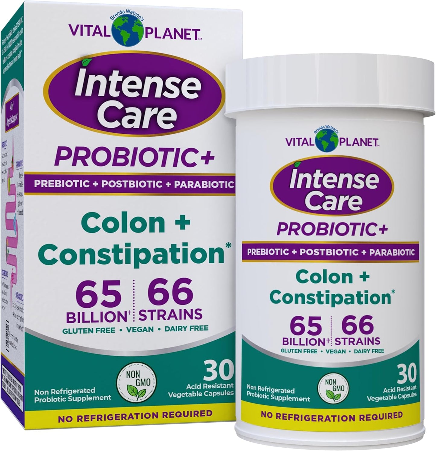 Vital Planet - Intense Care Colon & Constipation Probiotics Plus Organic Prebiotics, Postbiotics, Parabiotics, Complete 4-in-1 Health Supplement for Adults, 65 Billion CFU, 66 Strains, 30 ct