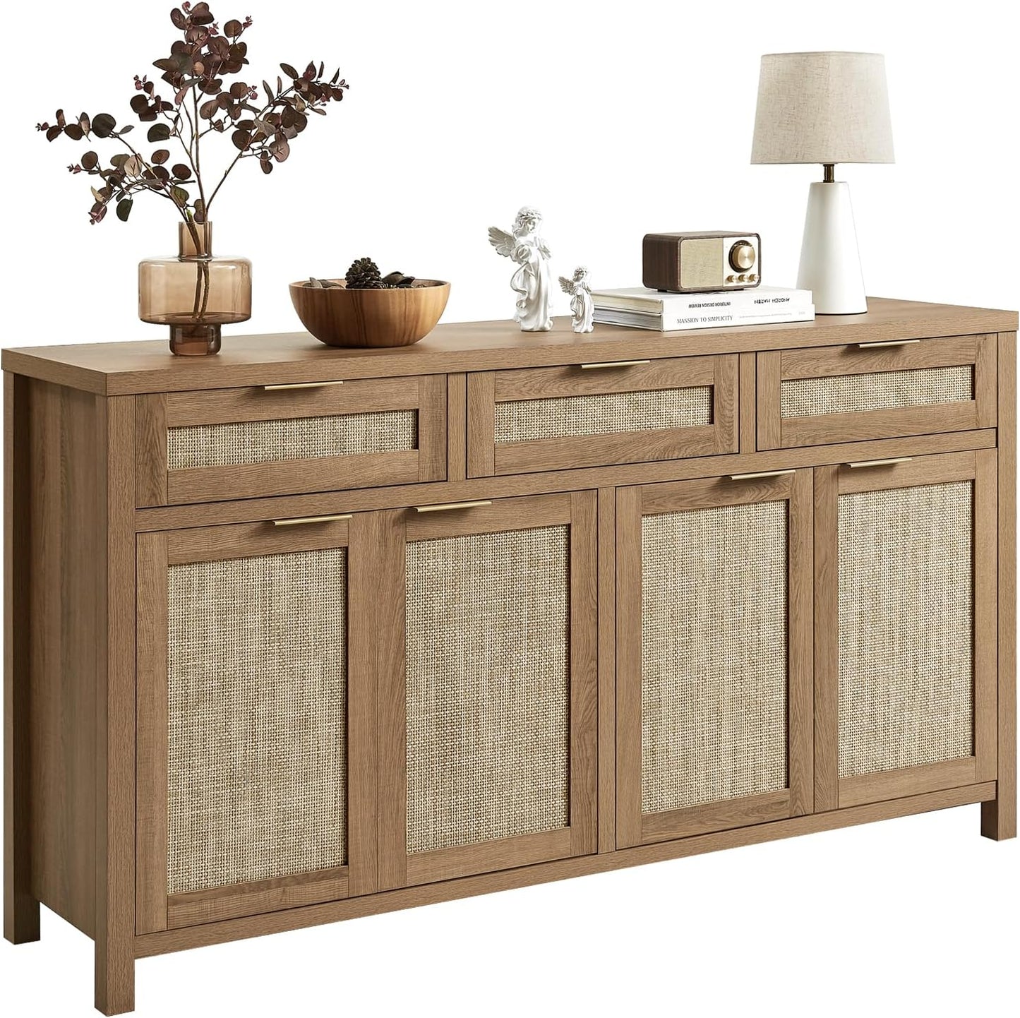 HOKYHOKY Rattan Sideboard Buffet Cabinet, Boho Storage Cabinet with Adjustable Shelves, Farmhouse Credenza Coffee Bar Cabinets with 4 Doors & 3 Drawers for Living Room, Hallway & Kitchen