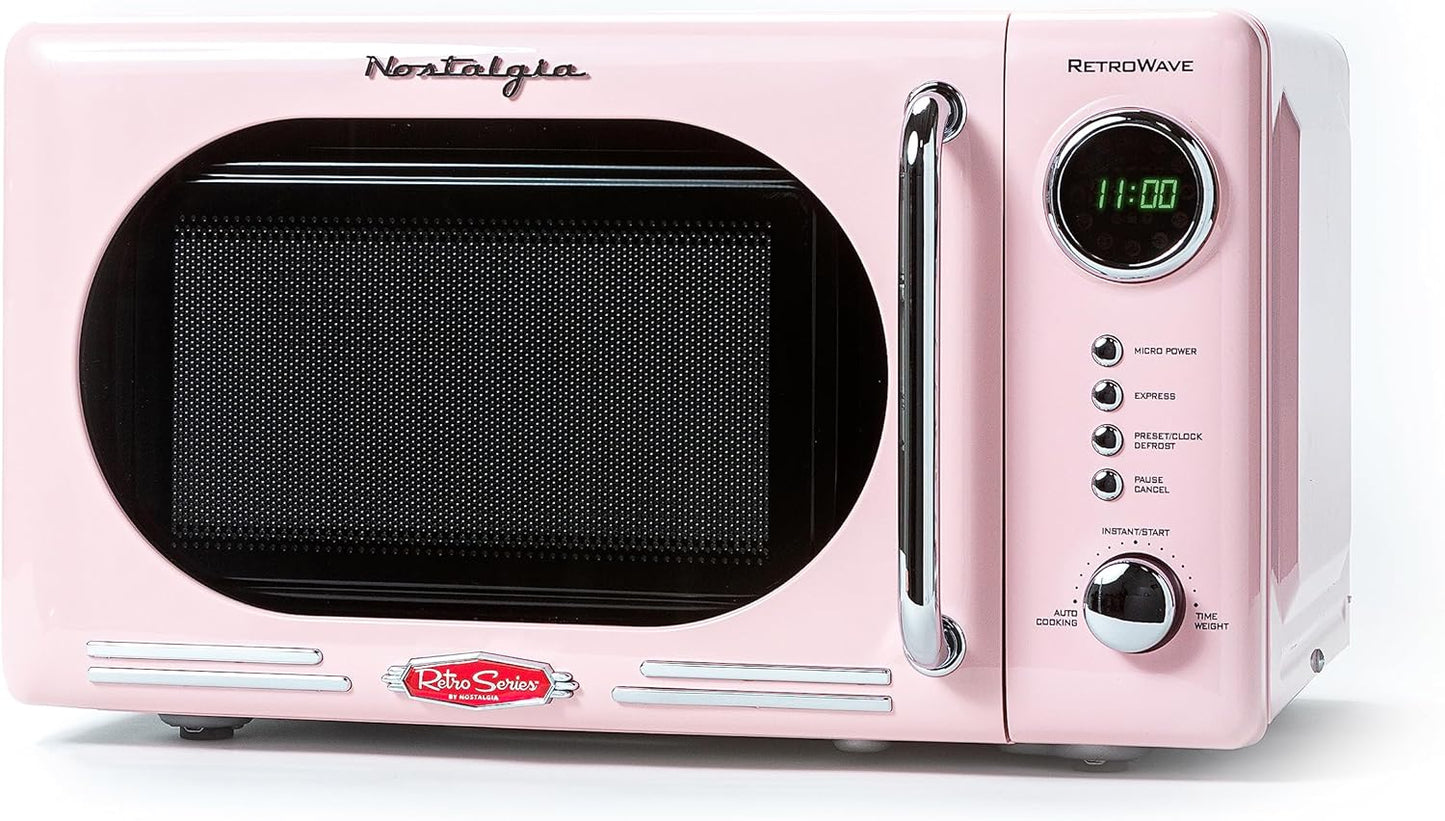 Nostalgia Retro Compact Countertop Microwave Oven 0.7 Cu. Ft. -700-Watts with LED Digital Display-Child Lock-Easy Clean Interior-Pink