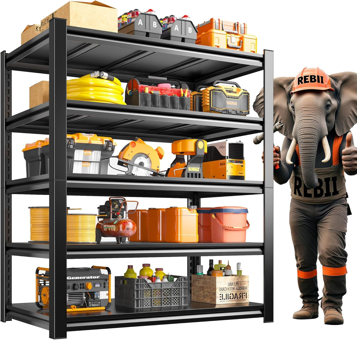 REIBII Garage Shelving, 3000 LBS Garage Shelves, Adjustable Metal Storage Shelves, 5 Tier Heavy Duty Shelving Units for Garage, Basement, Warehouse, Kitchen, Pantry, 72" H x 36" W x 16" D