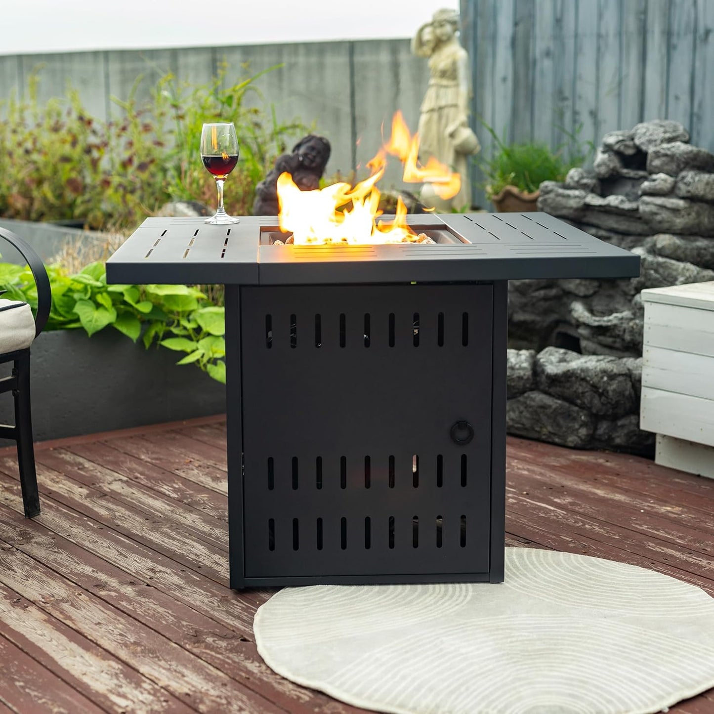34" Propane Gas Fire Pit Table,50000 BTU Rectangular Steel Fire Pit,Outdoor Gas FirePit W\/Glass Wind Guard for Outside Patio Deck Garden Courtyard- Black