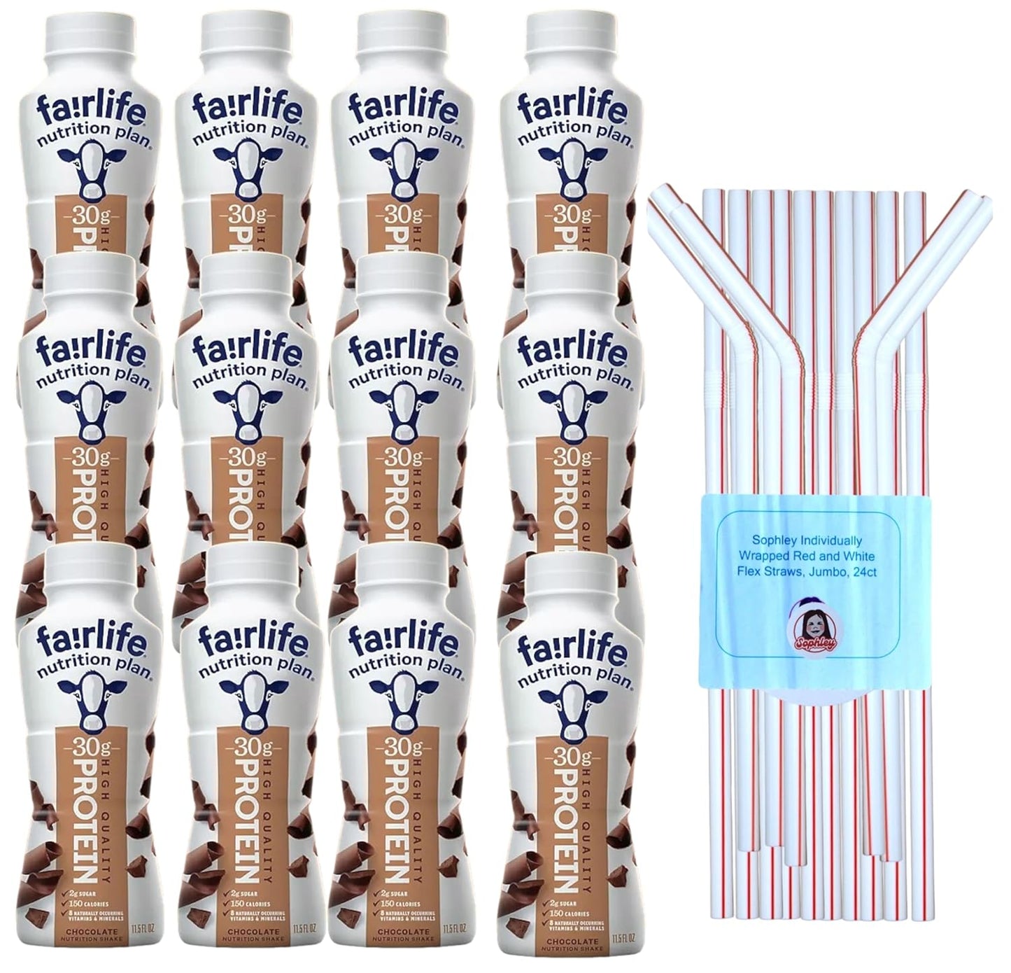 Fairlife Nutrition Plan High Protein Chocolate Shake, 12 pk. & a Sophley Individually Wrapped Red and White Flex Straws Set