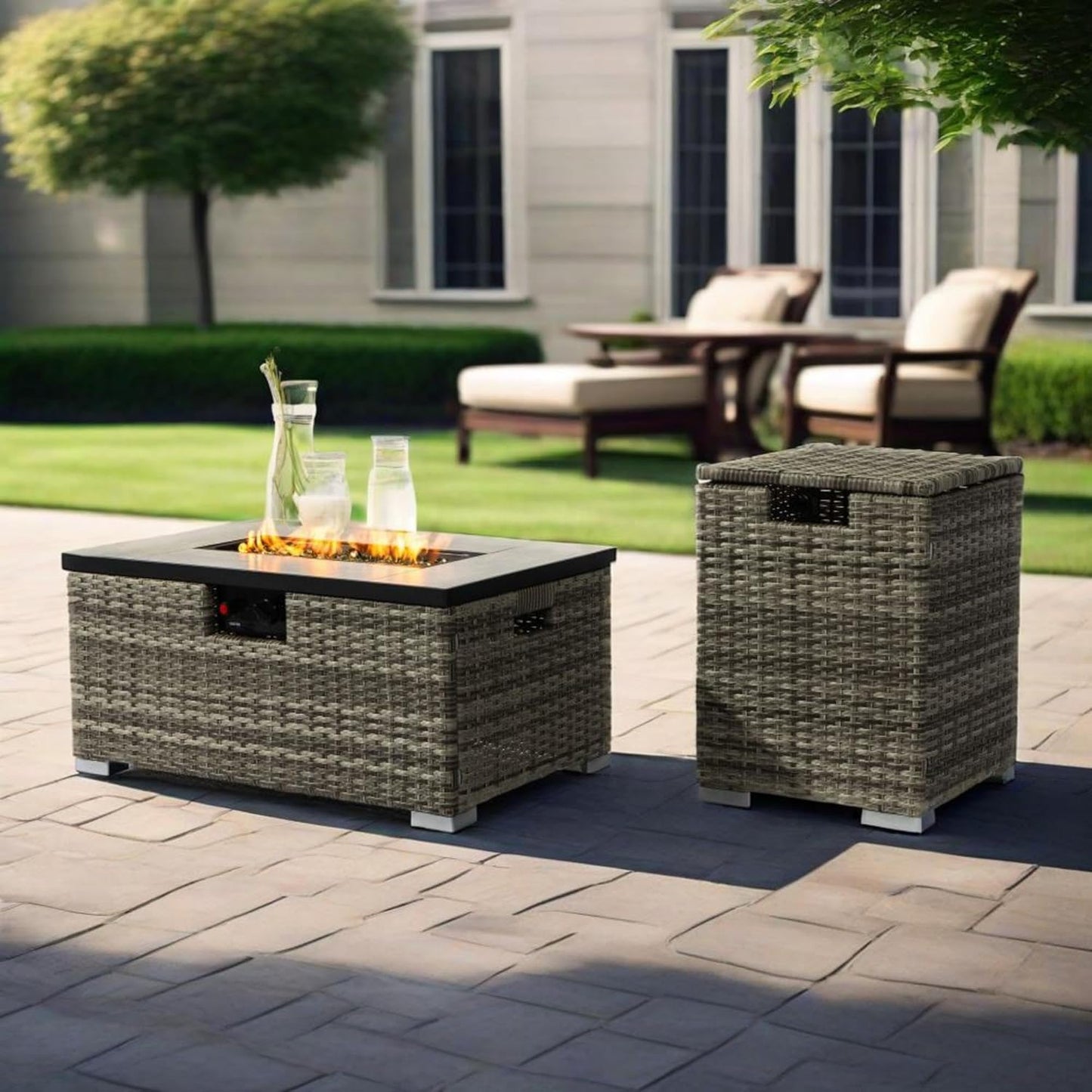 ESPIDOO 32 Inch Propane Fire Pit Table: Modern Wicker Design with 50000 BTU Heating & Storage Stool - Outdoor Gas Fire Table for Vacation Rental Gardens & Patio Decor