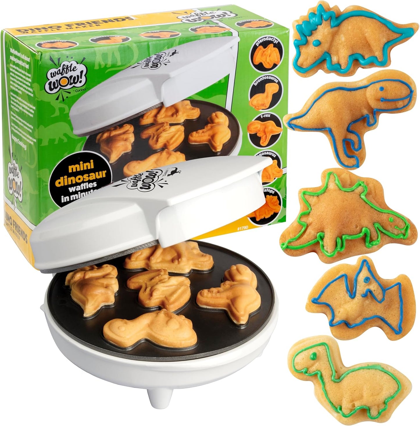 Dinosaur Mini Waffle Maker- 5 Different Double Sided 3D Shaped Dinos in Minutes- Breakfast Fun for Kids Adults w Cool Novelty Pancakes, Electric Baker, NonStick Waffler Iron w Recipe Guide, Xmas Gift