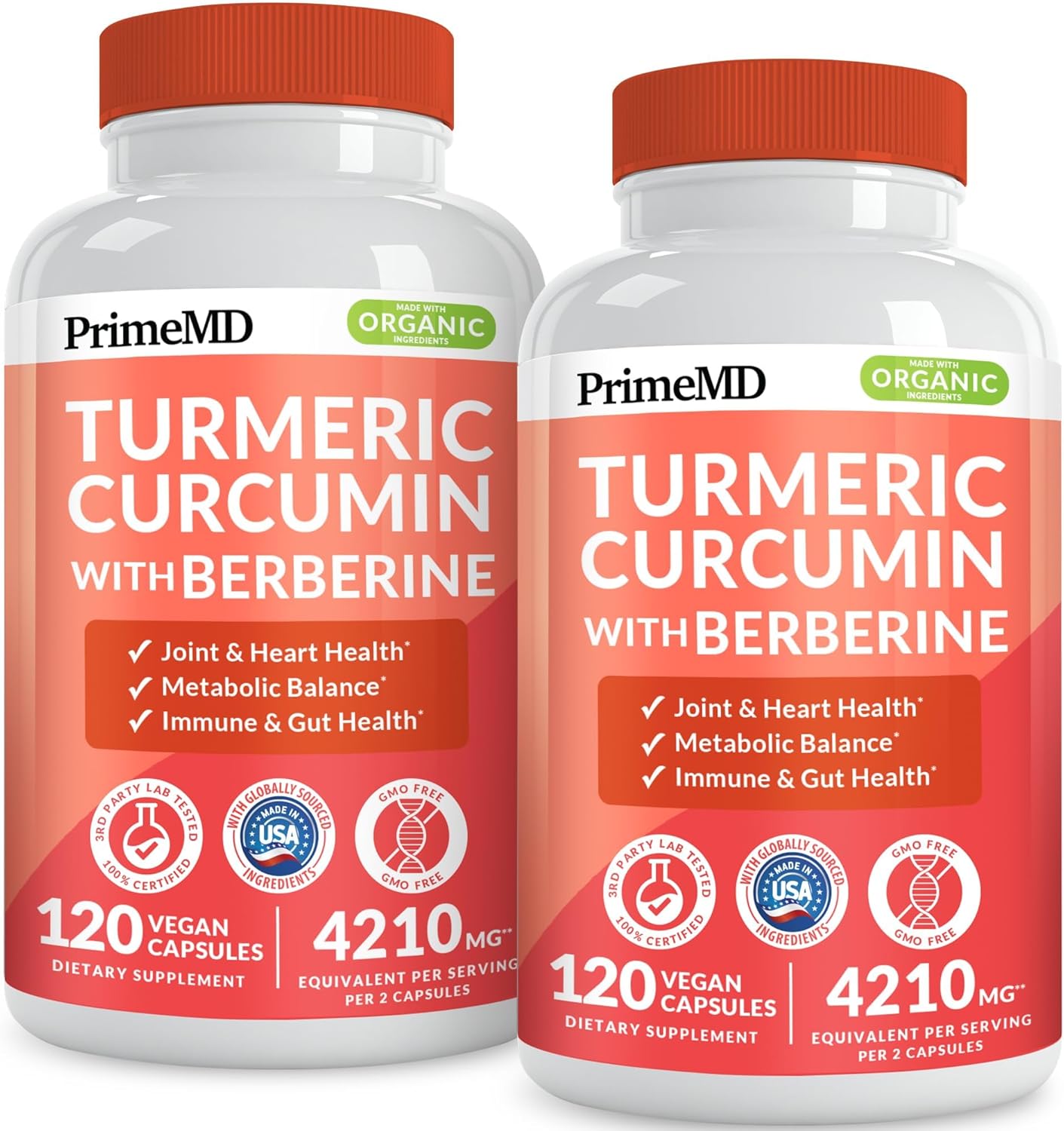5-in-1 Organic Turmeric Curcumin Supplement (4210mg) with Berberine, Ceylon Cinnamon Bioperine and Ginger Supplements for Joint, Heart, Gut, & Metabolic Support (120 ct) (Pack of 2)