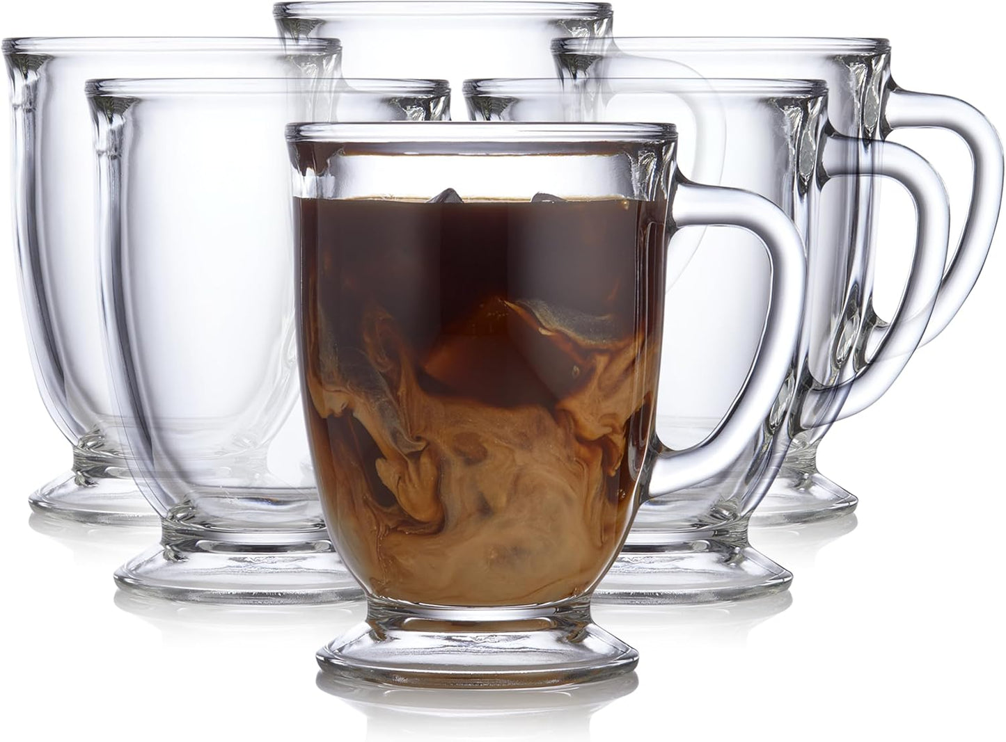 Libbey Kona Glass Coffee Mugs Set of 6, Elegant 16 Ounce Clear Tea Mug, Dishwasher Safe Glass Mugs with Handles for Tea, Coffee,and Espresso