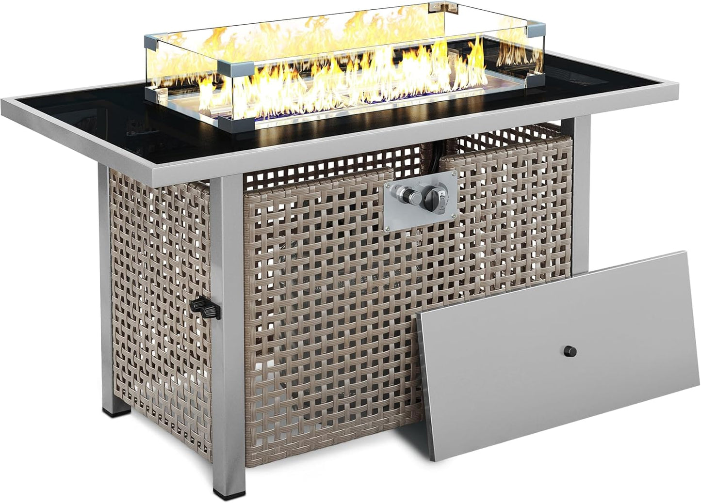 43In Propane Fire Pit, Fire Pit Table, Outdoor Fire Pit 60000 BTU with Glass Wind Guard and Fire Pit Cover, Rectangular Propane Fire Pit Table for Outside Patio Backyard Deck Balcony Garden, Grey