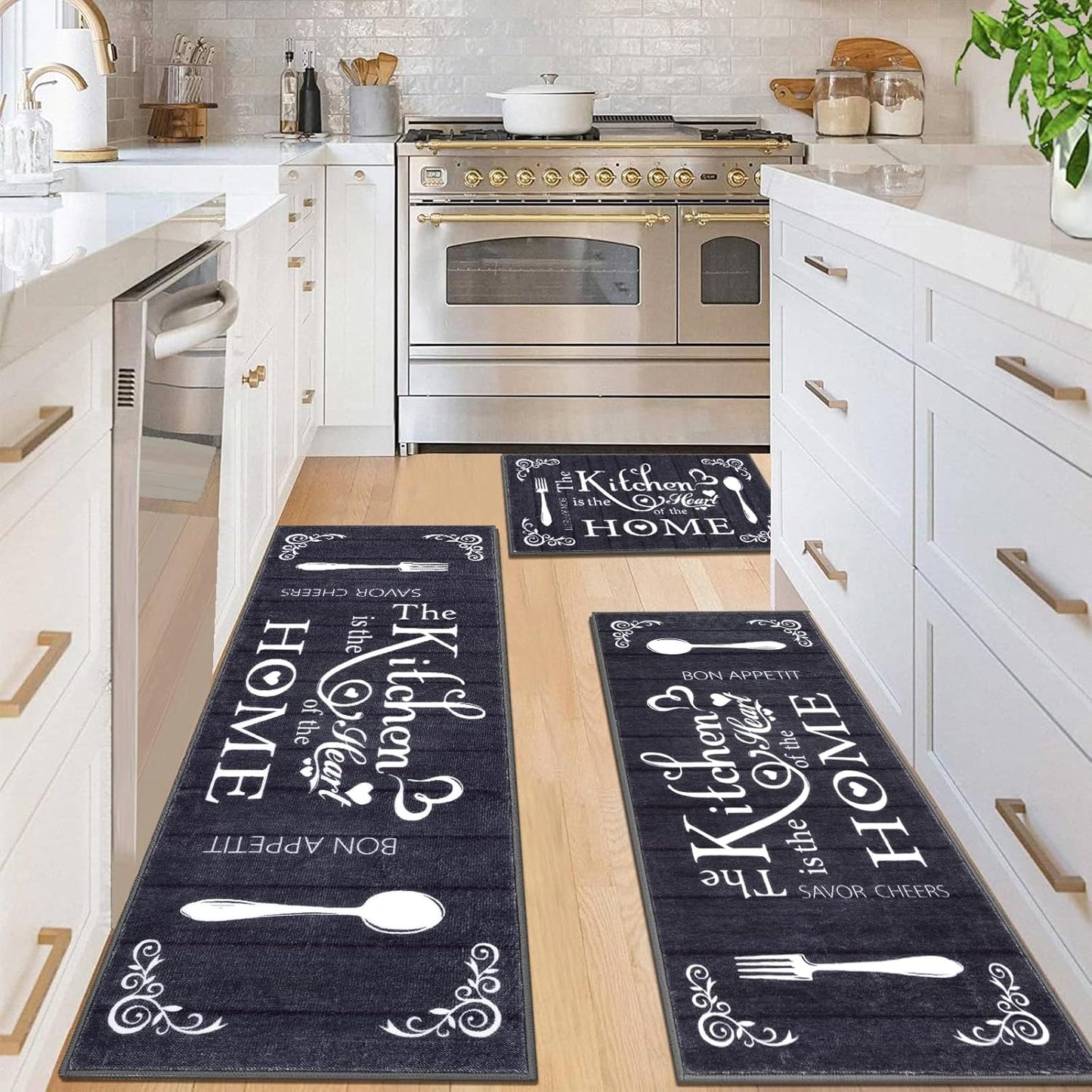 Vaukki Boho Kitchen Rug Sets 3 Pieces, Washable Kitchen Mats for Floor, Non Slip Soft Kitchen Area Rug Floor Mat for Kitchen, Laundry Room and Hallway (Black, 20''x32''+20''x47''+20''x59'')