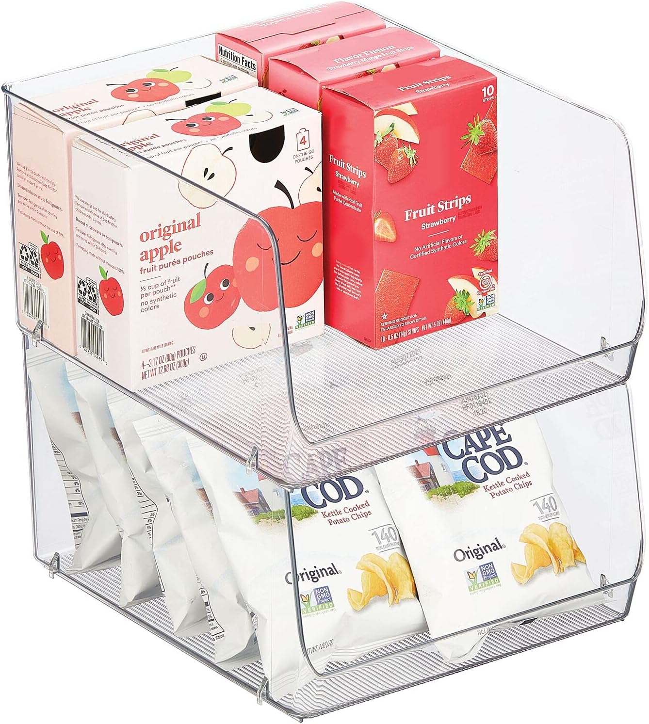 mDesign Wide Stackable Plastic Food Storage Organizer Bin Basket with Open Front for Household Kitchen Cabinets, Pantry, Offices, Closets, Bedrooms, Bathrooms - 10.2" Wide, 2 Pack - Clear